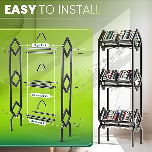 Miniatura 7 de DYTREND Estante de almacenamiento de discos de vinilo de 3 niveles, soporte para discos de 115-200 LP con divisores, estante de almacenamiento de