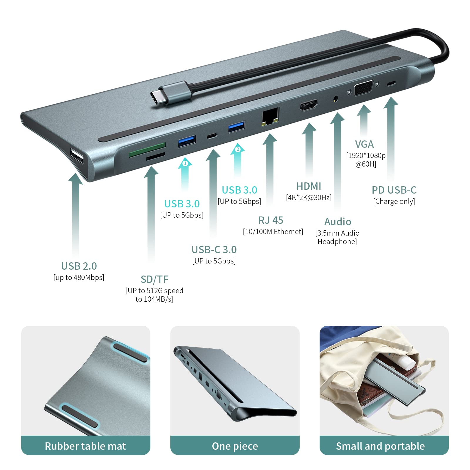 PWAYTEK Hub USB-C 8 en 1, Station d'accueil Portable avec HDMI 8K, Charge PD 100W, Ethernet Gigabit, Ports USB, Lecteur SD/TF, Compatible Thunderbolt et Ordinateurs USB-C (Argent)