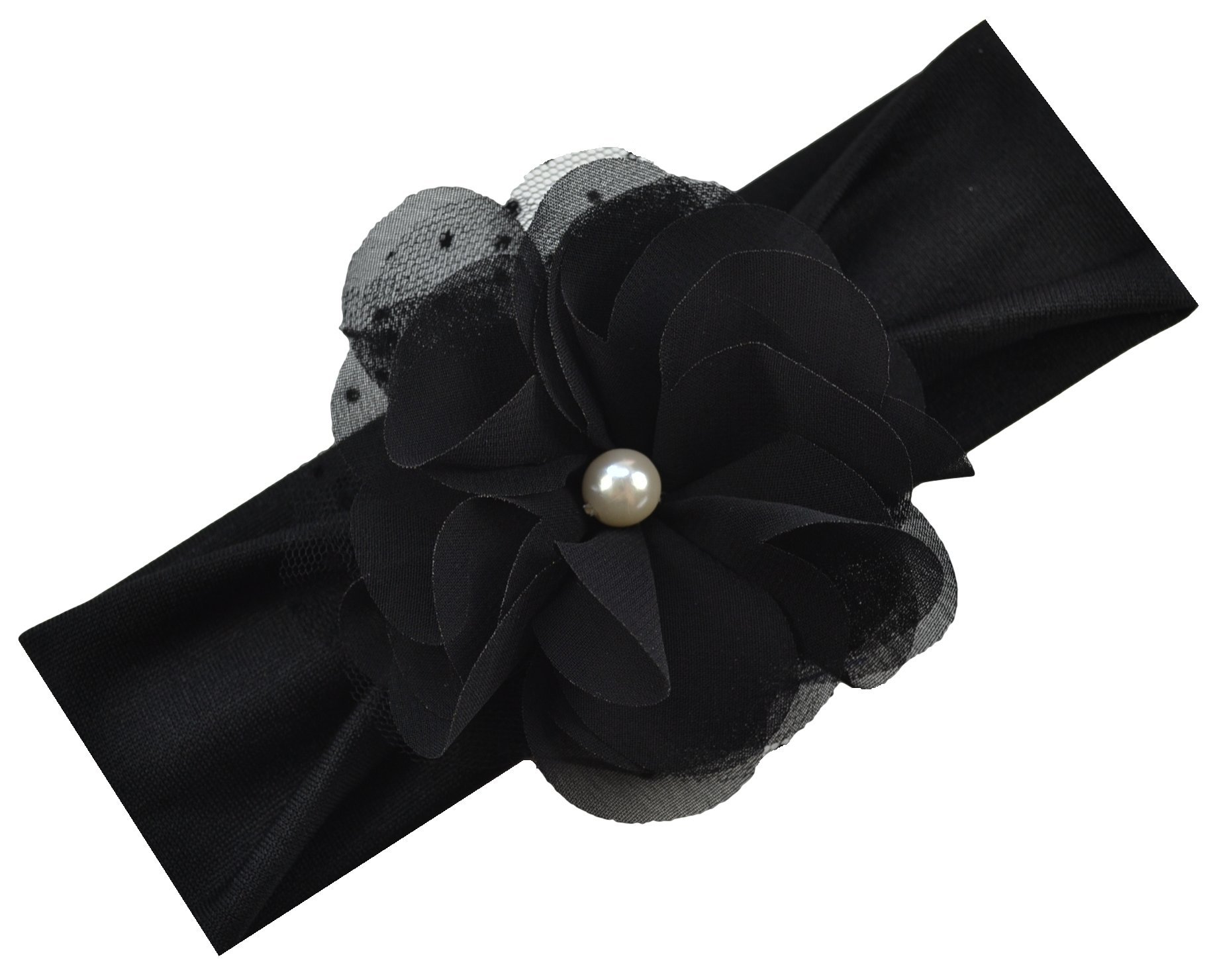 Funny Girl Designs Pearl Chiffon Baby Headband (Black Band/Black Flower)