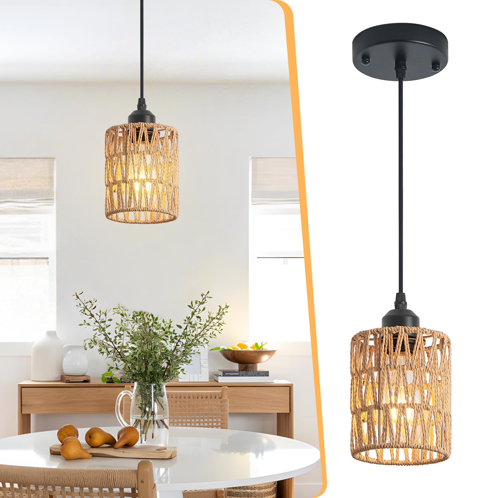Lámpara colgante de ratán para isla de cocina, lámpara bohemia de granja, lámpara colgante de altura ajustable para comedor, lámparas de techo de cocina pequeñas con pantalla de mimbre tejida a
