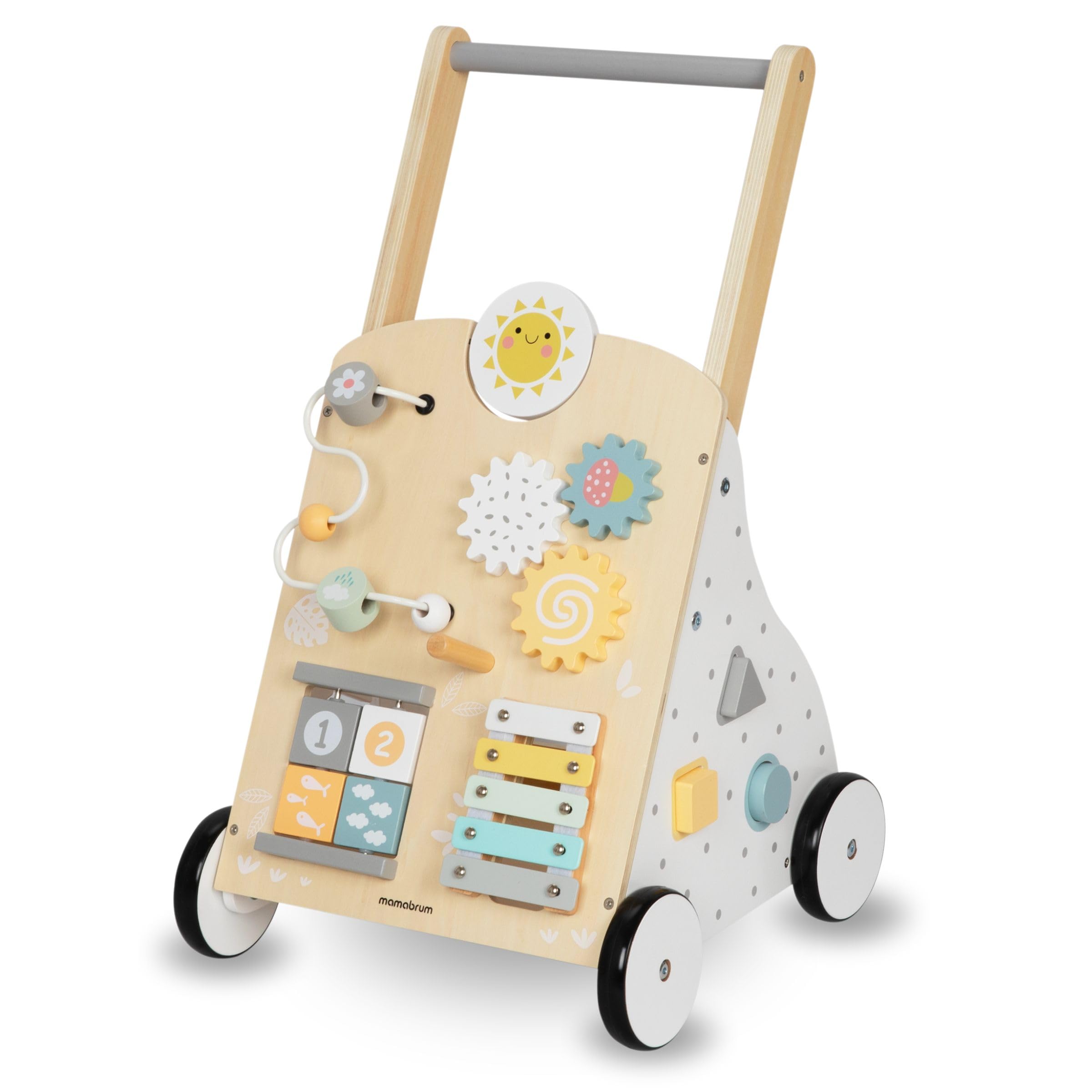 Mamabrum MAM172 Trotteur Bebe 8-en-1, Table d'Activité avec Poussoir en Bois, Centre de Manipulation, Hauteur Réglable 58-66cm - Jouet Éducatif pour Premiers Pas