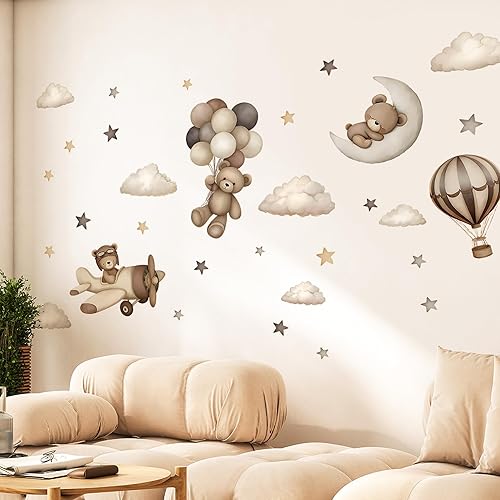 Miniatura 17 de Calcomanías de pared de oso de peluche, calcomanías de pared de animales de dibujos animados, calcomanías de pared con globos, estrellas, luna