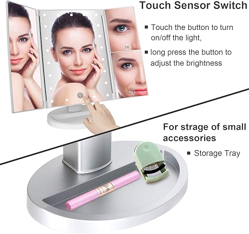 Vista 18 de Espejo cosmético con tres pliegues DeWEISN con 21 luces LED para iluminación, pantalla táctil y ampliación de 3X/2X/1X, dos modos de suministro