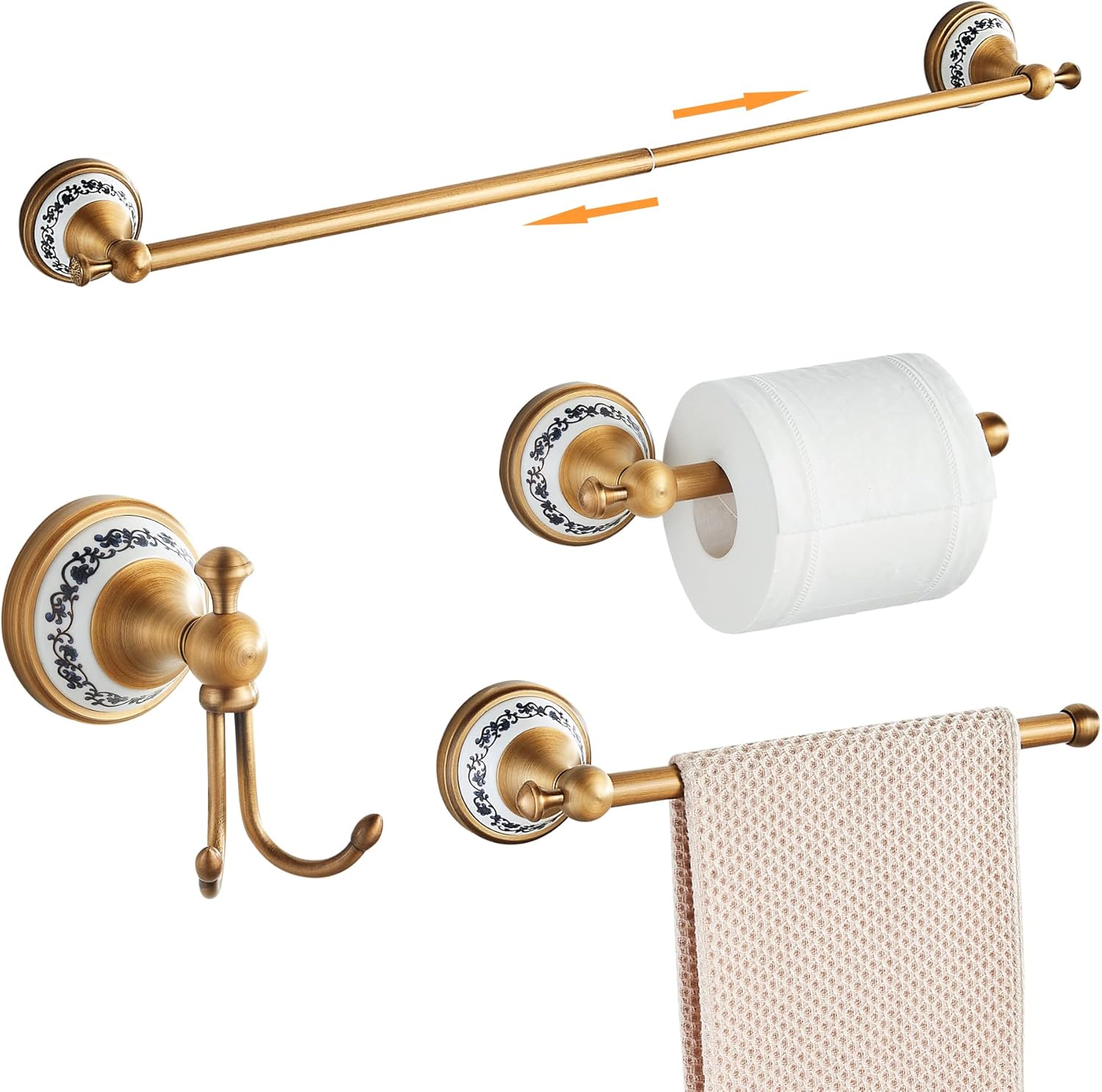 Antique Bronze Bathroom Hardware Set,Adjustable Towel Rack, Toilet Roll Paper Holder,Hand Towel Holder,Hook, Bathroom Accessories Set Wall Mounted （Carve Patterns）
