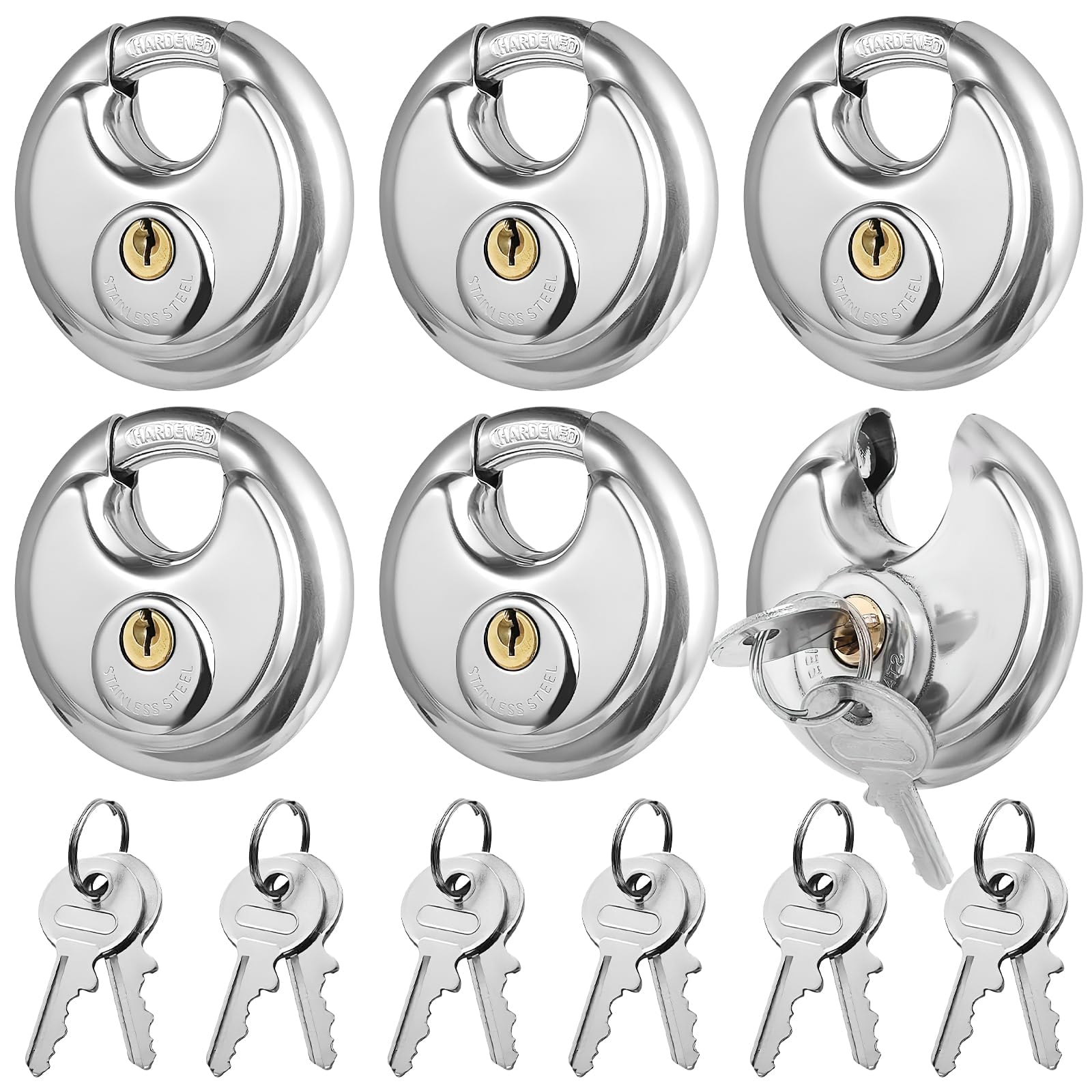 6 Stück gleichschließende Diskus, Vorhängeschlösser aus Edelstahl, Wasserdichte Sicherheitsschlösser mit 12 Schlüsseln, 3/8-Zoll-Bügel, rostfrei, ideal für Lagerraum, Garage, Schuppen, Fitnessstudio