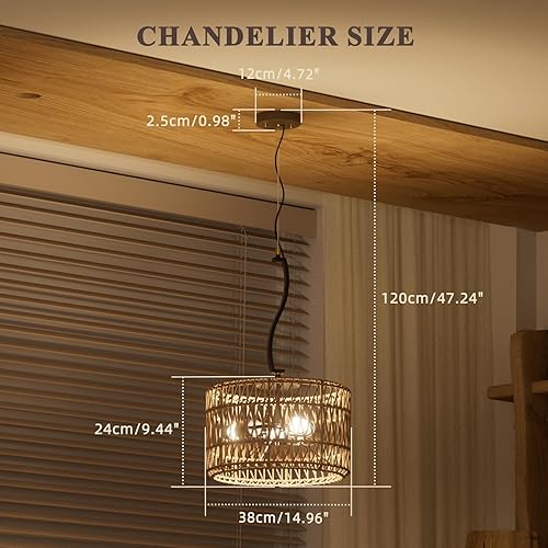 Miniatura 3 de N11-4-2 Lámpara colgante ajustable de 3 luces para comedor e isla de cocina, lámpara de granja con pantalla tejida, base de grano de madera, lámpara