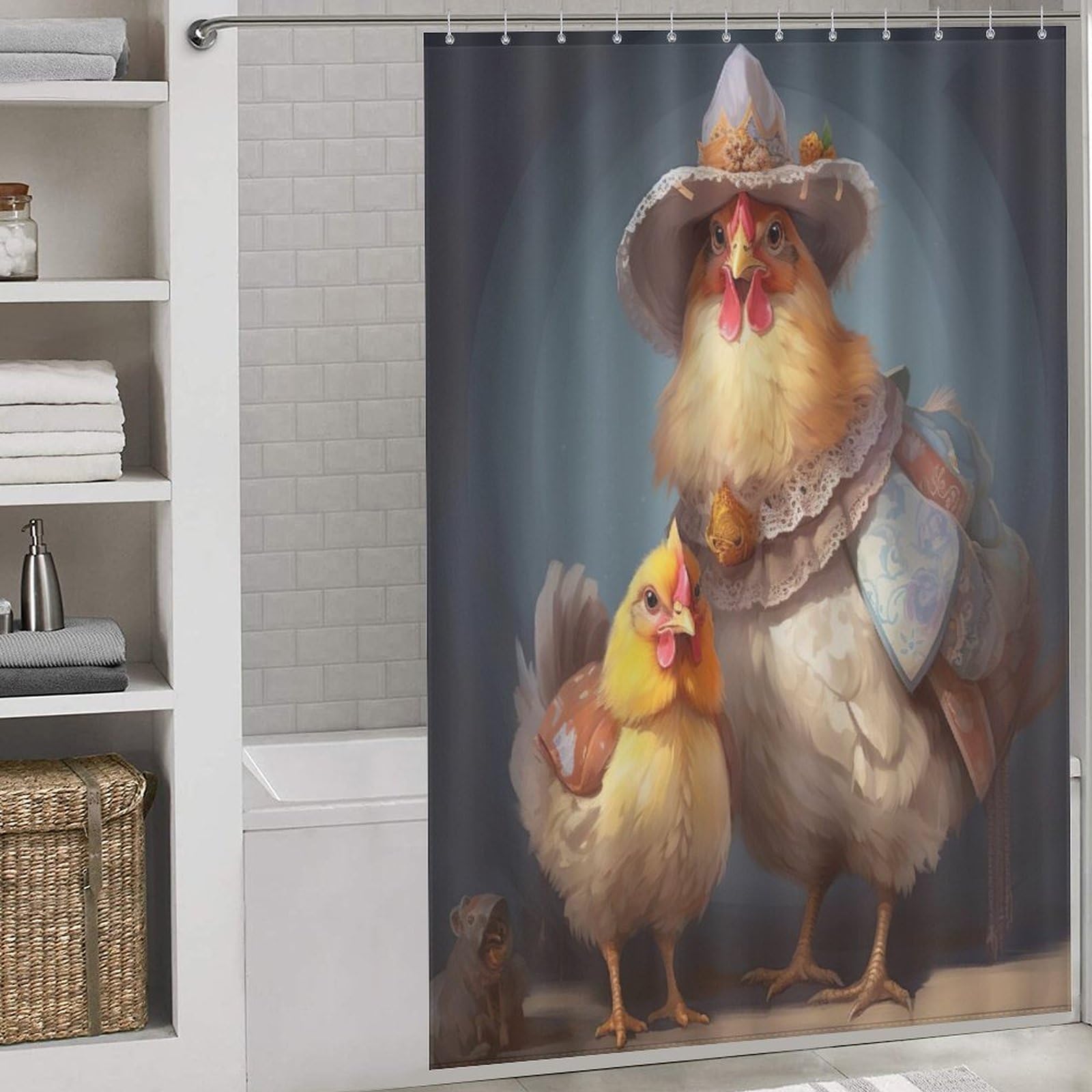 Rideau de douche poulet en polyester étanche et lavable avec 12 crochets inclus
