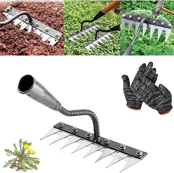 Iron Weeding Rake 2.0, Multi-Tine Carbon Steel Garden Cultivator Rake, Multi-Tine Carbon Steel Garden Cultivator Rakes 5/6/7/8 Teeth, Iron Rakes for Gardening and Weeding