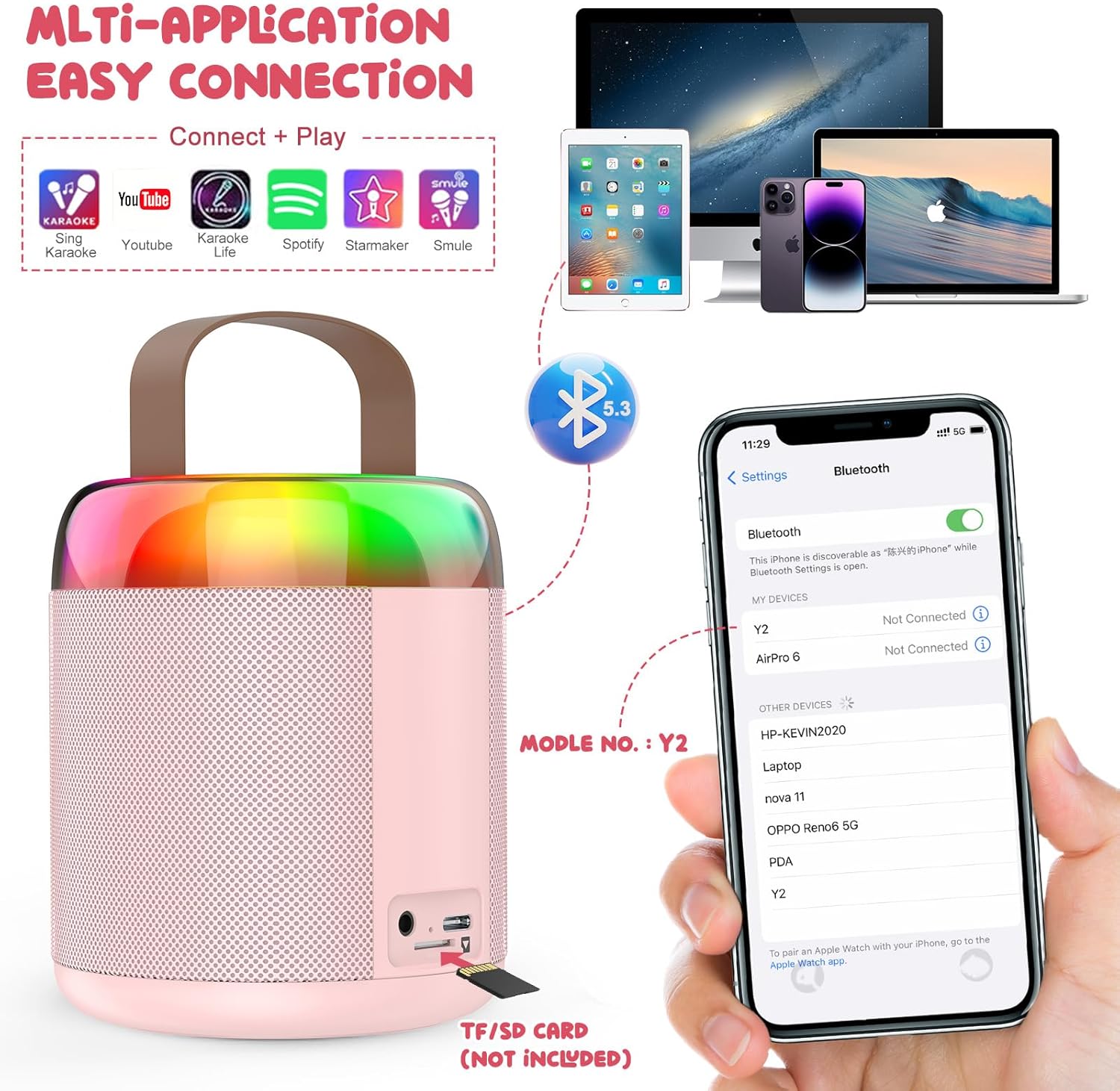 Mini Karaoke Machine for Kids Portable Bluetooth 5.3 Speaker Led Lights with 2 Wireless Microphones Karaoke Gifts for Girls Boys Audlt Birthday Christmas Solid Metal Body (Pink)