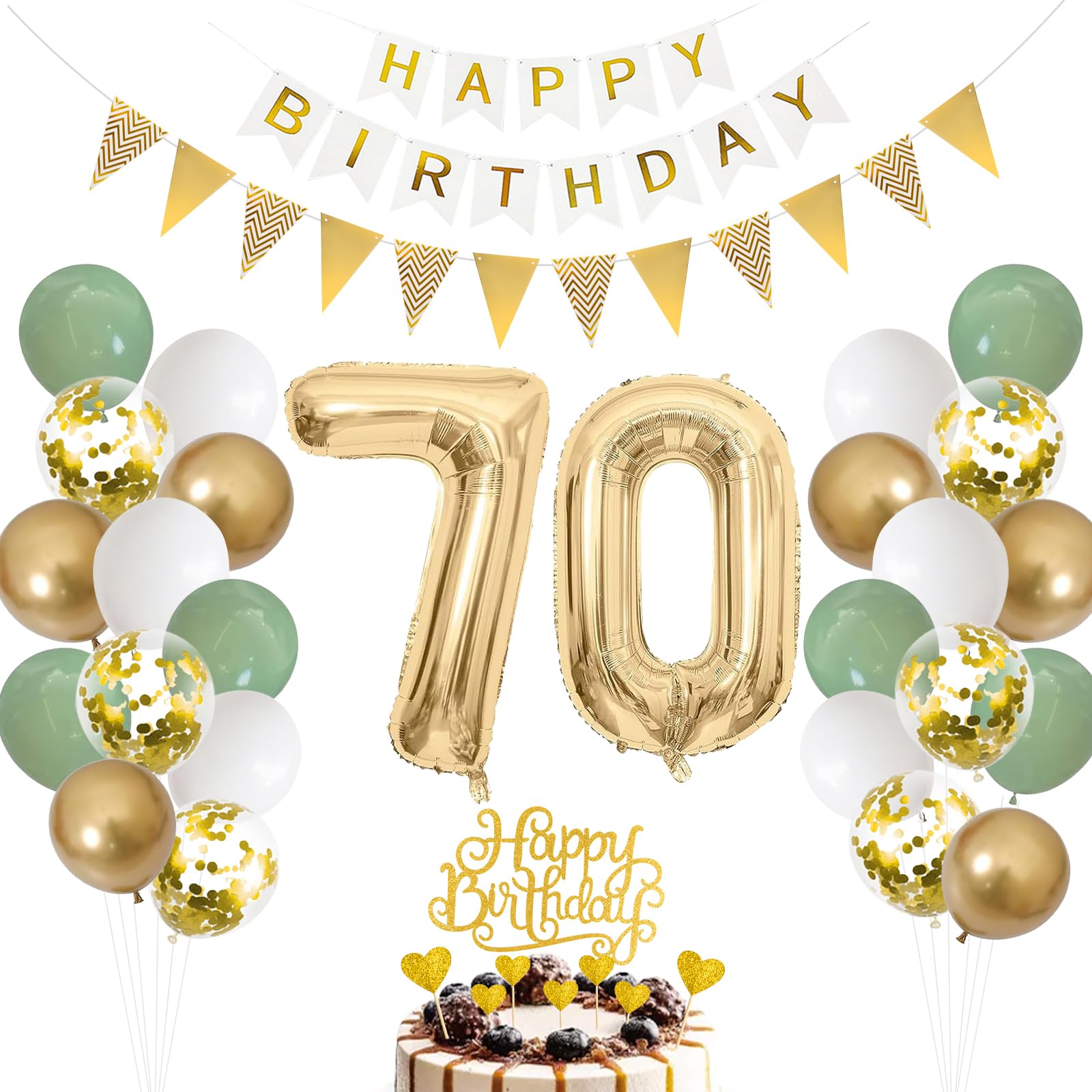 70. Geburtstag Deko Salbeigrüne - Luftballon für Männer und Frauen, Ballon Grün Weiß Gold, Zahl 70 Folienballon, Tortendeko für 70. Dekoration