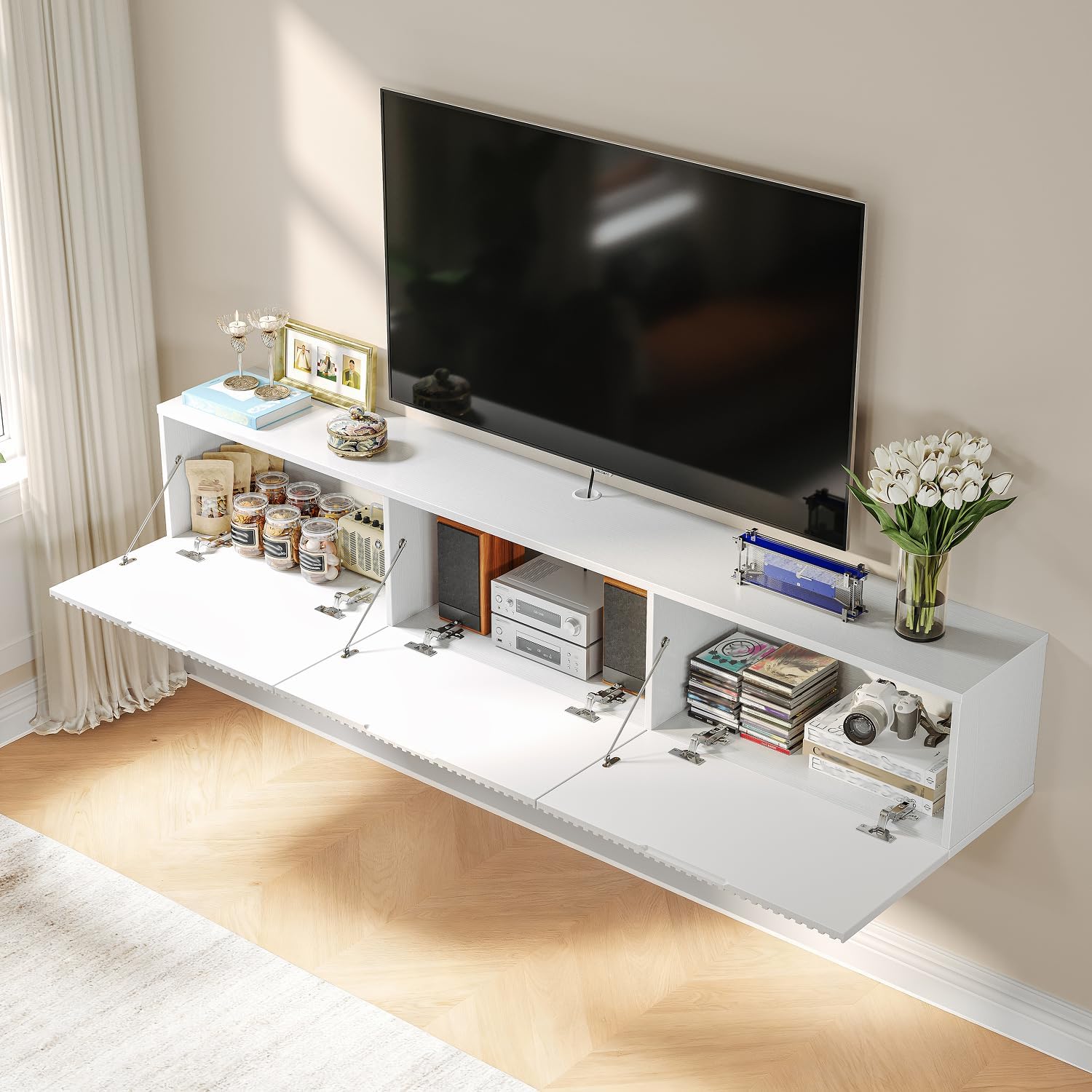 Modern Slatted Floating TV Stand with 3 Doors, 70IN Wall Mounted TV Cabinet, Floating Media Console Entertainment Center with Storage, Under TV Shelf for Bedroom Living Room,White