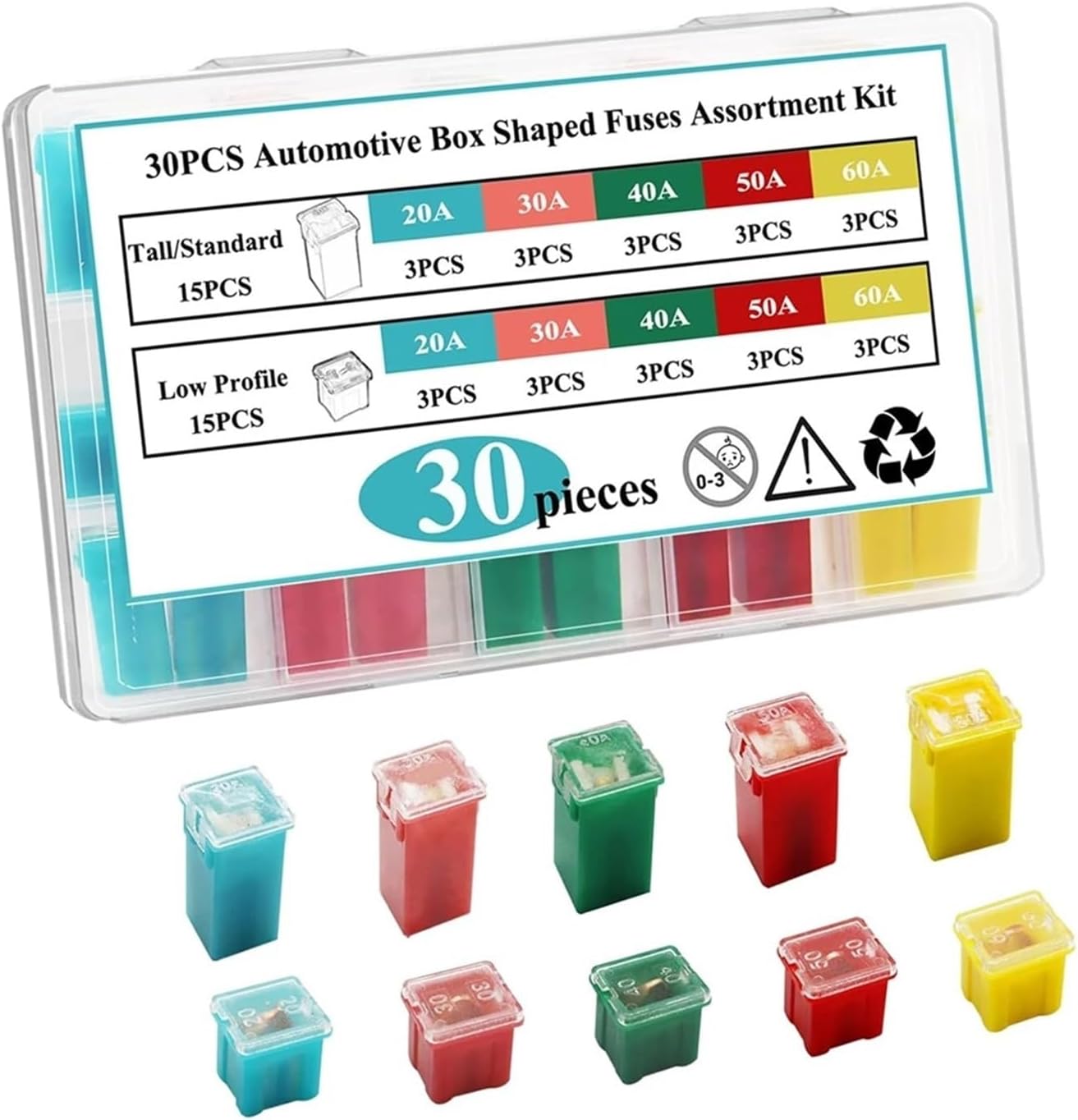 30PCS Tall/Standard and Low Profile Box Shaped Fuses Assortment Kit
