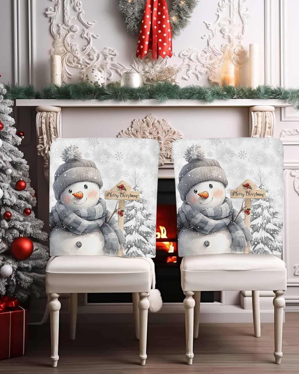 Christmas Chair Covers Set of 6 Snowman Chair Slipcover Protector Removable Washable Stretch Chair Covers Grey Pine Tree Chair Back Covers for Dining Chairs Kitchen Dinner Party Xmas Holiday Decor