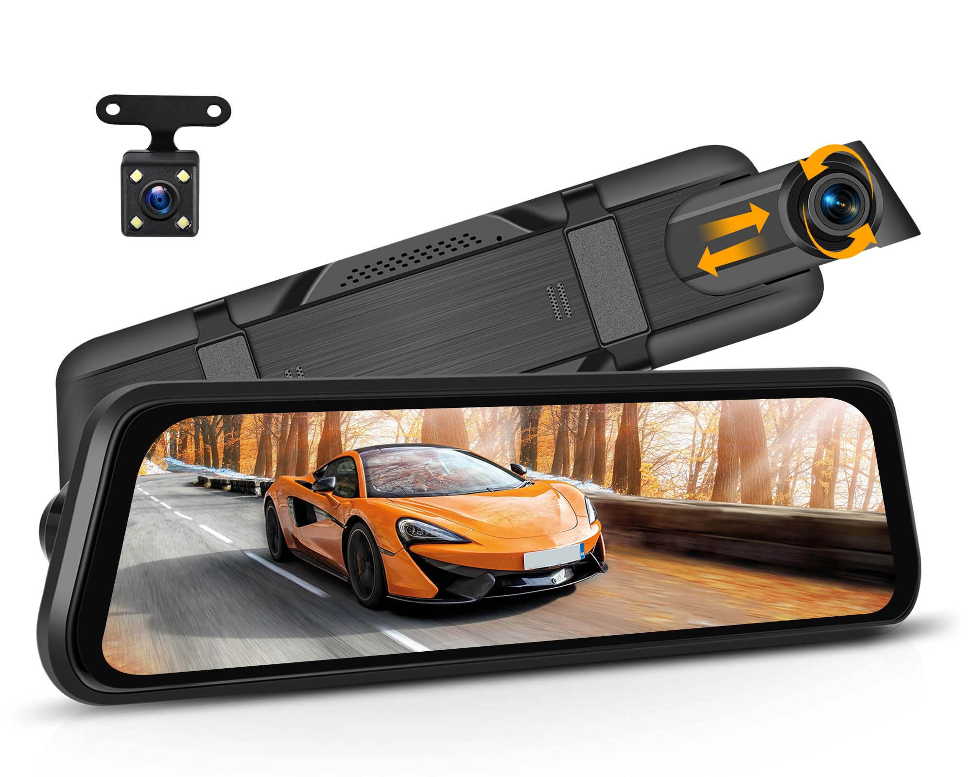 CAMECHO 9.66'' 1080P Écran Tactile Dashcam Retroviseur Voiture, Double Dash Cam Avant et arrière, Vision Nocturne Camera Embarquée Voiture avec Détection de Mouvement, Compensation d'exposition