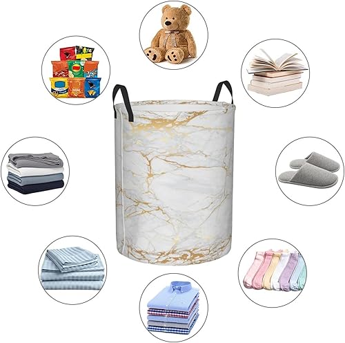 Miniatura 5 de Cesta redonda de mármol blanco para ropa sucia, cesta de almacenamiento con textura de mármol, impermeable, organizador para guardería, juguetes, 38L