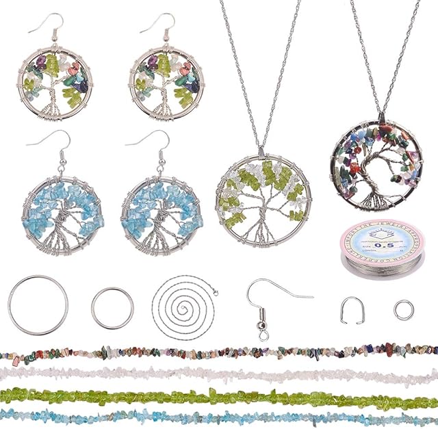 SUNNYCLUE DIY 4 Sets 30 inch(75.5mm) Tree of Life Necklace with Chip Gemstone Bead Pendant Jewellery Making Kit Supplies Women Adults Beginners