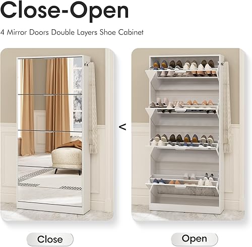 Miniatura 3 de Maupvit Zapatero con espejo con 4 cajones abatibles, organizador de zapatos de madera con 4 niveles para espacios pequeños, zapatero de espejo de