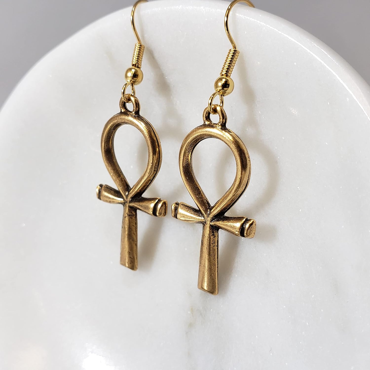 Egyptian Ankh Earrings - Antique Gold-Plated Finish - Made in the USA
