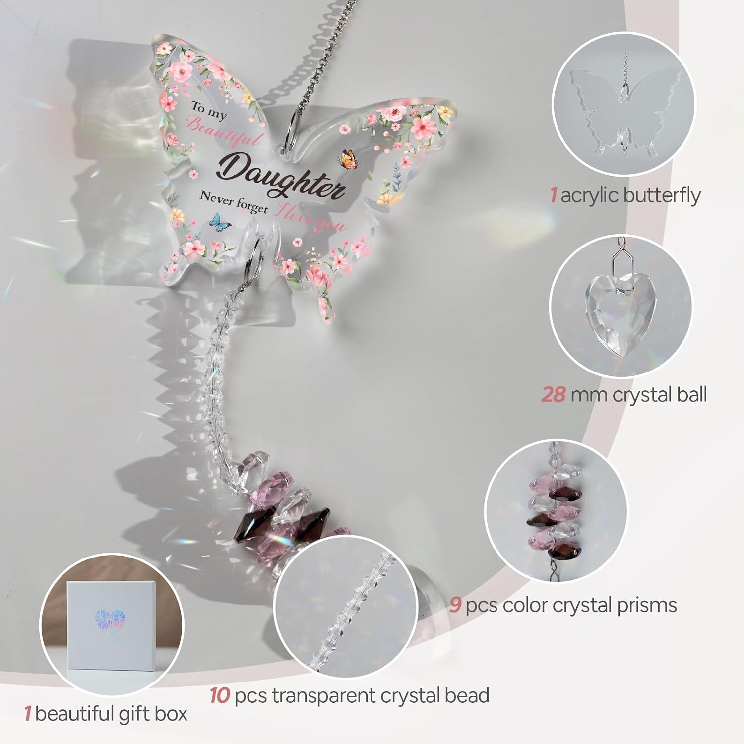 Daughter Gifts from Mom, Birthday Gifts for Daughter, Daughter's Birthday Gift, to My Daughter's Gift Hanging Butterfly Crystal Suncatcher Ornament