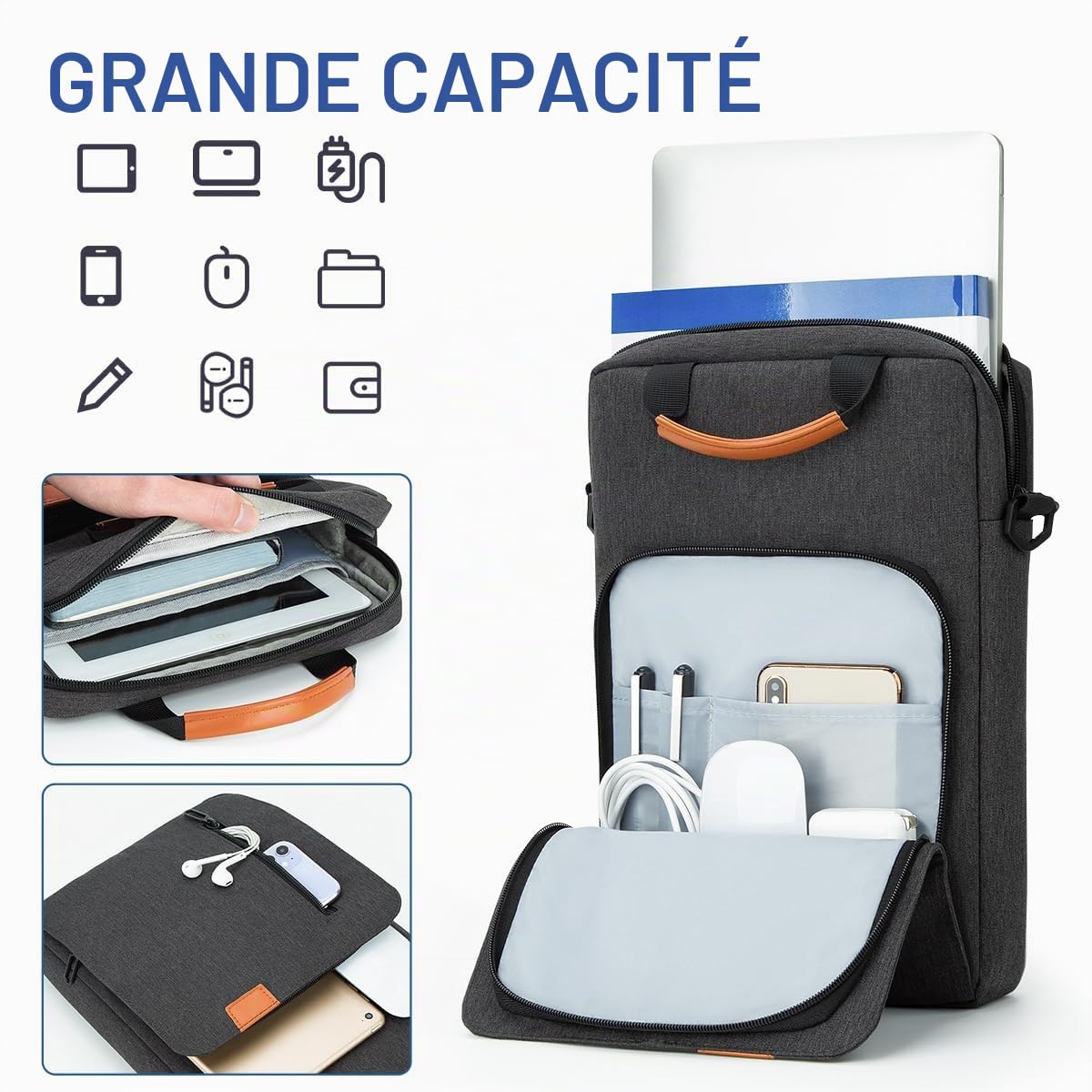 Housse Portable 13 Pouces Pochette Ordinateur avec Bandoulière Compatible avec 13" MacBook Air Pro M3 M2 M1, Surface Pro, Imperméable Sacoche de Protection PC, Gris Foncé