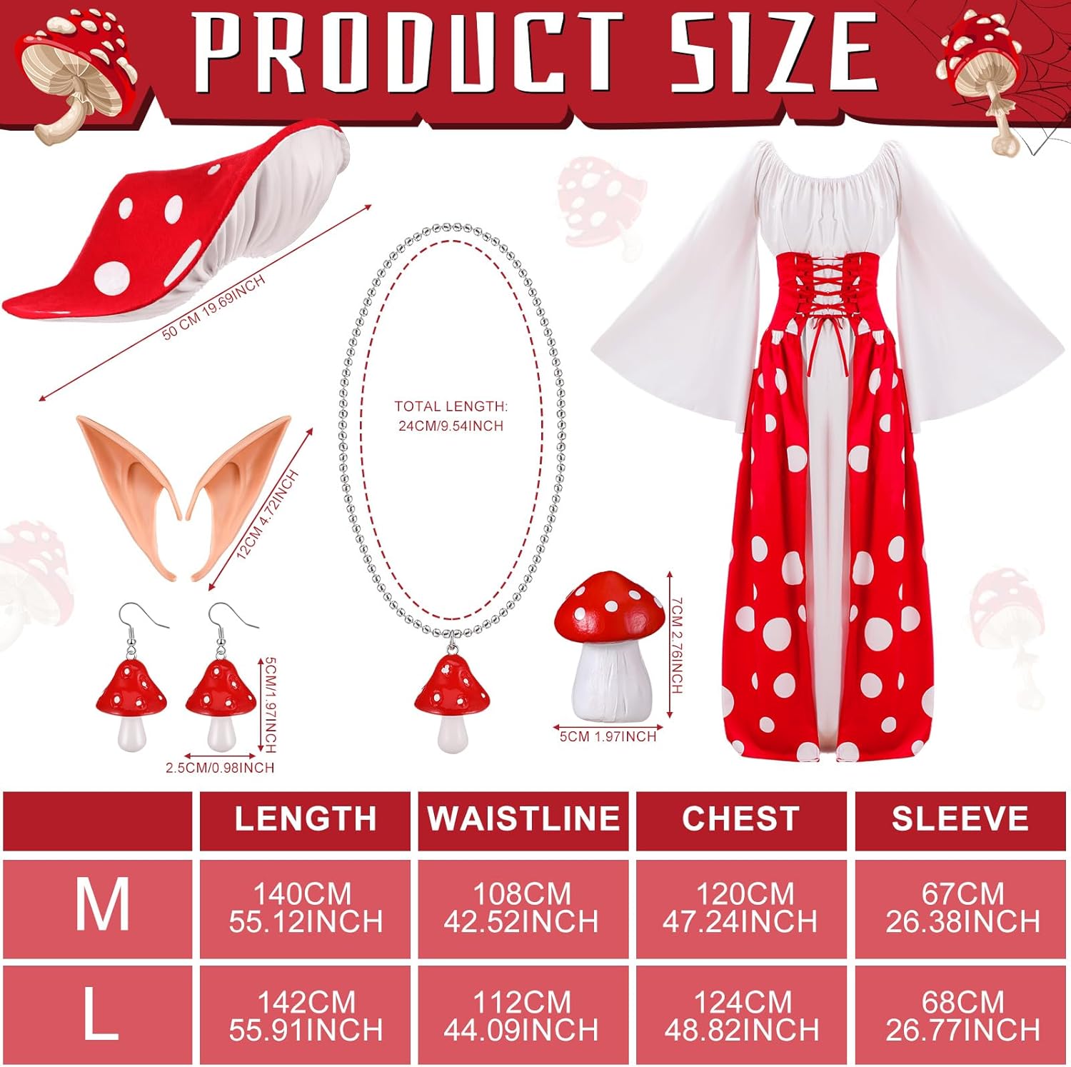 Jiuguva 6 Pcs Halloween Mushroom Costume Medieval Mushroom Dress Hat Necklace Dangle Earrings Elf Ears Mushroom Resin Decor