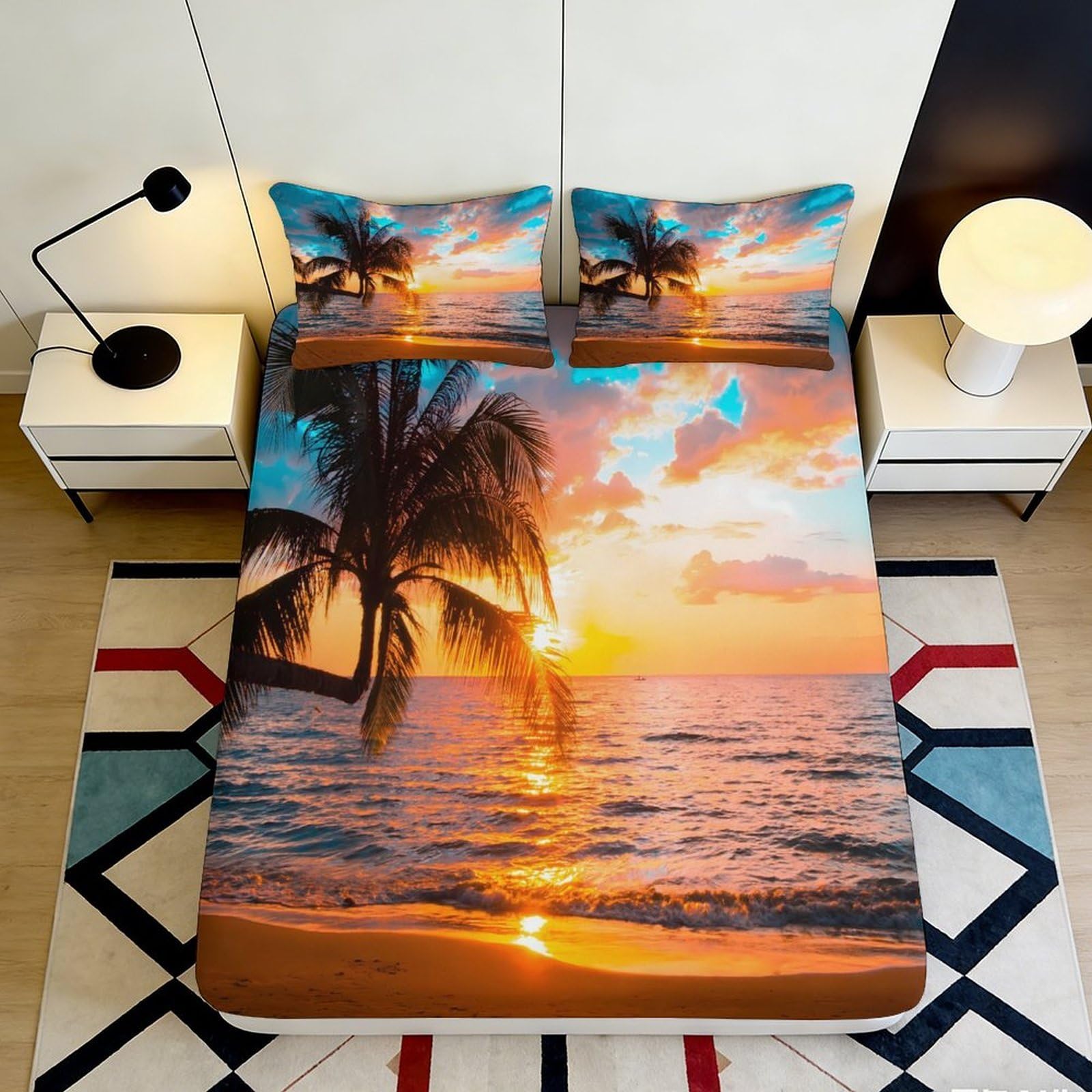 Jqzkxnhpbr Style-9 3D Printed Sunset Beach Fitted Sheet Microfiber Soft Breathable Palm Ocean Mattress Cover For Bedroom Decor 90X200x25cm