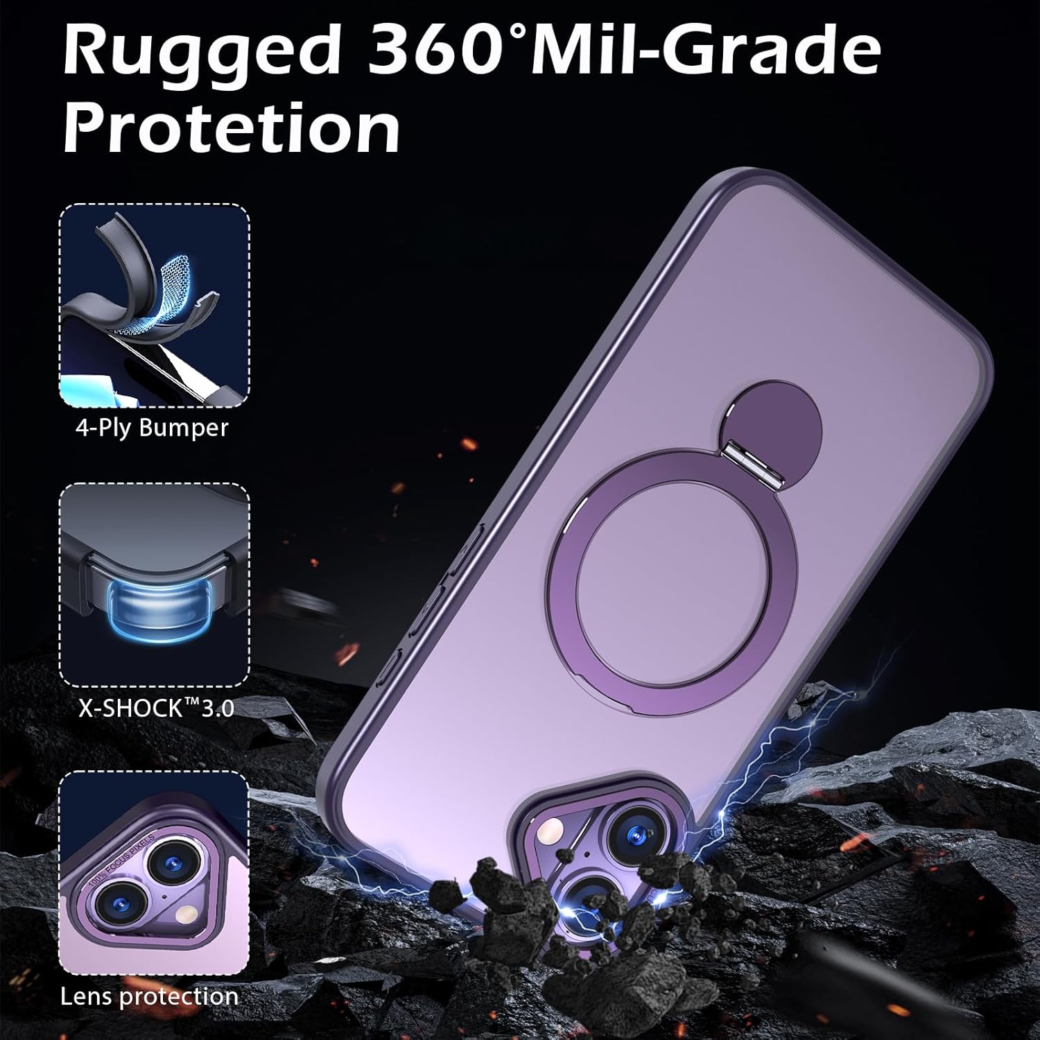 IYH Magnetic Case for iPhone 16 6.1 inches, 360° Rotatable Ring Stand, MagSafe Compatible, Military-Grade Shockproof, Translucent Design Skin-Feel TPU Frame(Purple)