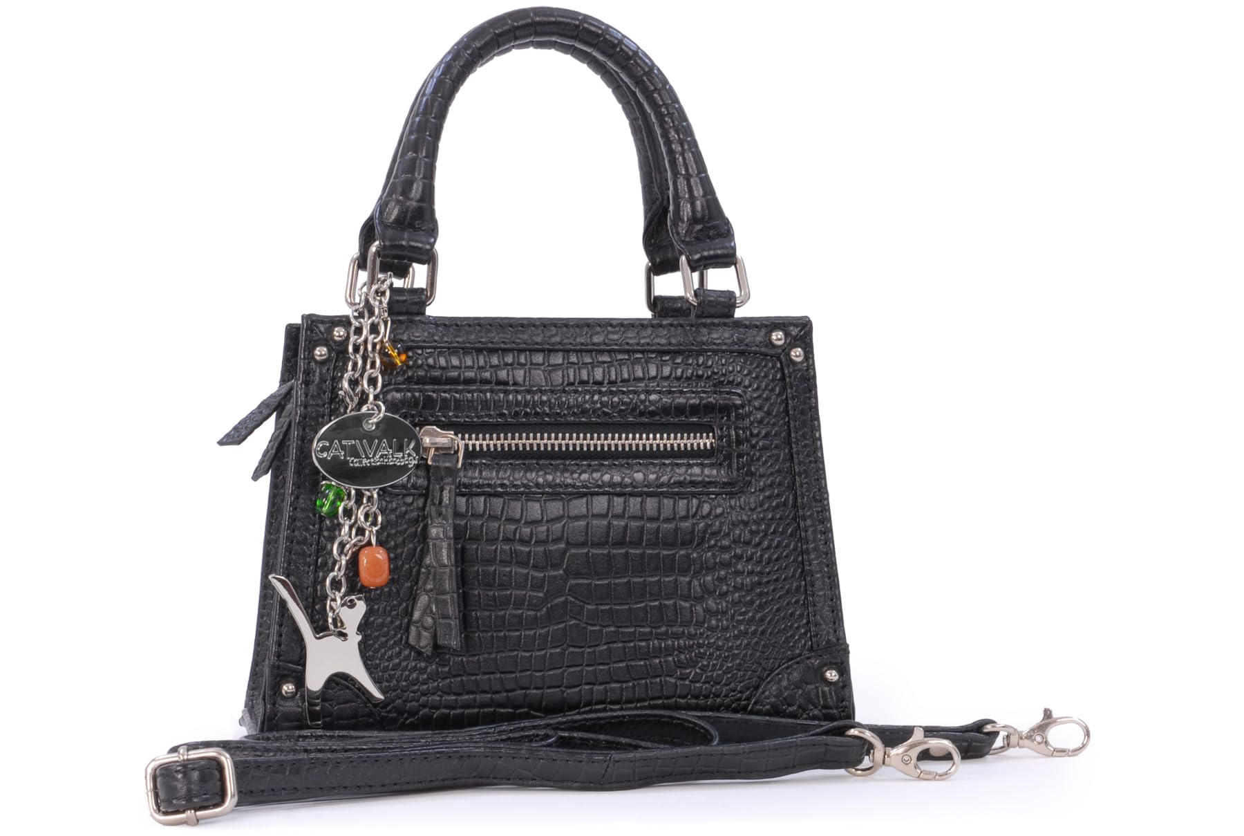 Catwalk Collection Handbags - Bolso de Mano con Correa Bandolera - Bolso con Asa Pequeño - Bolsito Mujer - Piel Efecto Cocodrilo - Raven