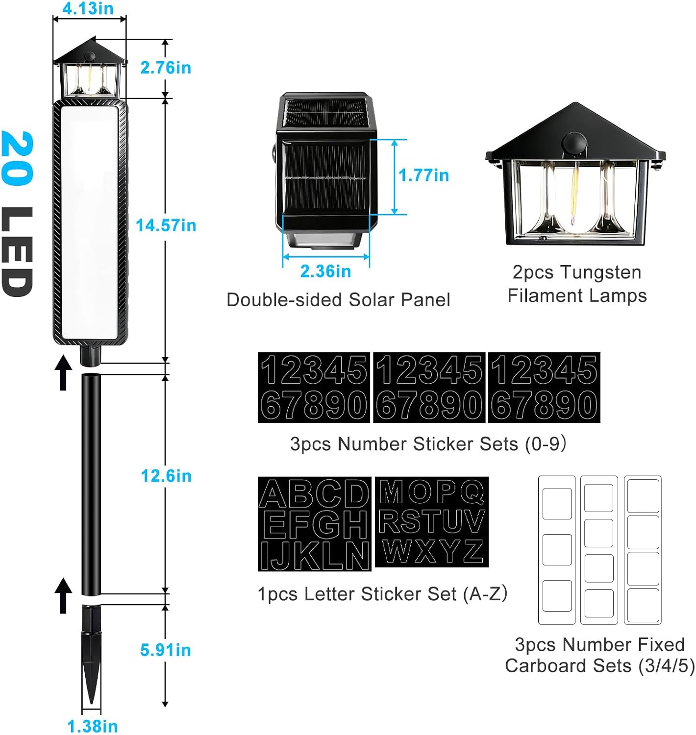 Solar Address Sign Lighted House Numbers, Waterproof LED Lighted Address Plaque with 3 Color Modes, Double-sided Solar Panels Illuminated House Number Sign with Stakes for Outside Yard Street Driveway