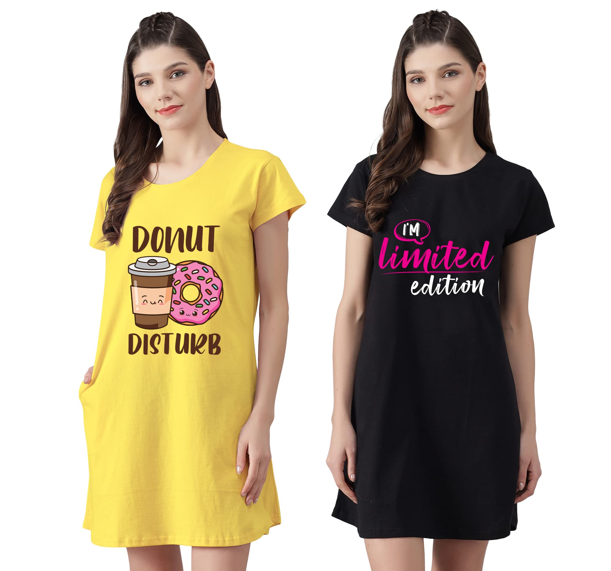 Women’s Cotton Nighty | Printed Knee Length Nighty |Short Sleeve Nighty |Short Nightdress| Black and Yellow Color| Long T-Shirt | Sleepwear & Casual Wear Nighty (Pack of 2)