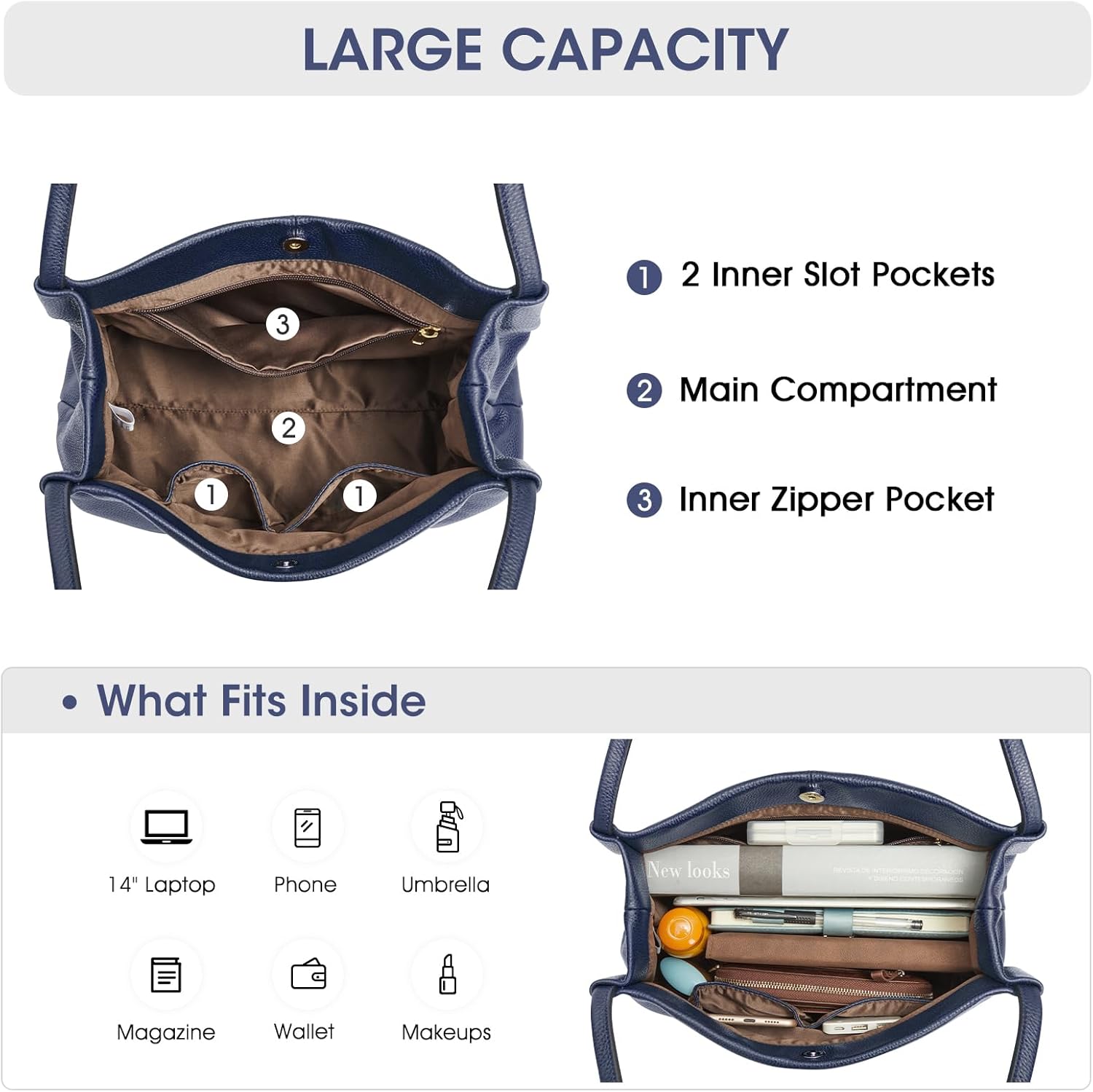 Kattee Leather Tote Bags for Women, Casual Shoulder Hobo Purses and Handbags, Top Magnetic Snap Closure - Image 5