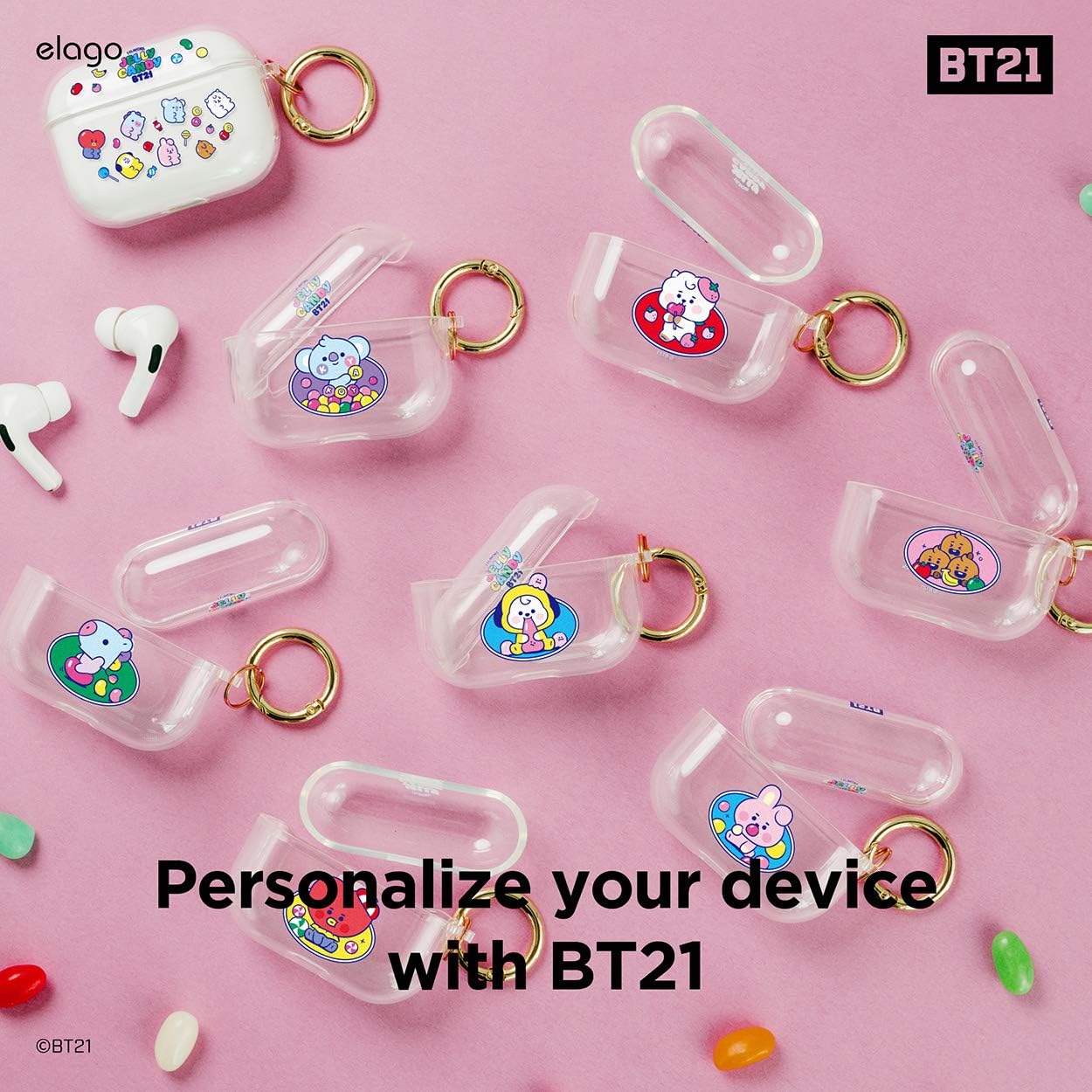 elago BT21 Case Compatible with Apple AirPods Pro Case, Clear Case with Keychain, Reduce Yellowing and Smudging, Supports Wireless Charging [Official Merchandise] [SHOOKY]