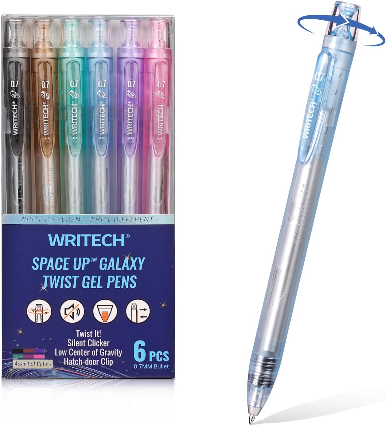 Twist Gel Ink Pens: Multicolor Medium Point 0.7mm 6ct Low Center of Gravity Rotatable Pen No Smear Silent Click Space Up Gel Galaxy