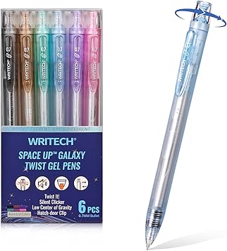 WRITECH Twist Gel Ink Pens Multicolor Medium Point 0.7mm 6ct Low Center of Gravity Rotatable Pen No Smear Silent Click Space Up Gel Galaxy