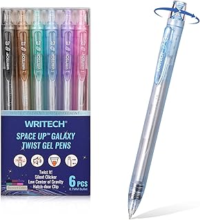 Twist Gel Ink Pens: Multicolor Medium Point 0.7mm 6ct Low Center of Gravity Rotatable Pen No Smear Silent Click Space Up Gel Galaxy