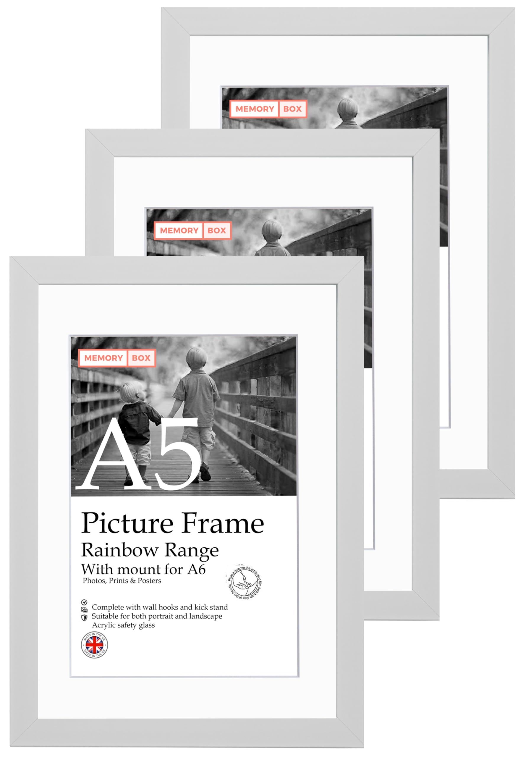 A5 White Picture Frame Set of 3, Perfect for Displaying A6 Pictures with Mount or A5 Pictures Without Mount, Gallery Wall, Posters, Photos, Artwork, or Prints, White