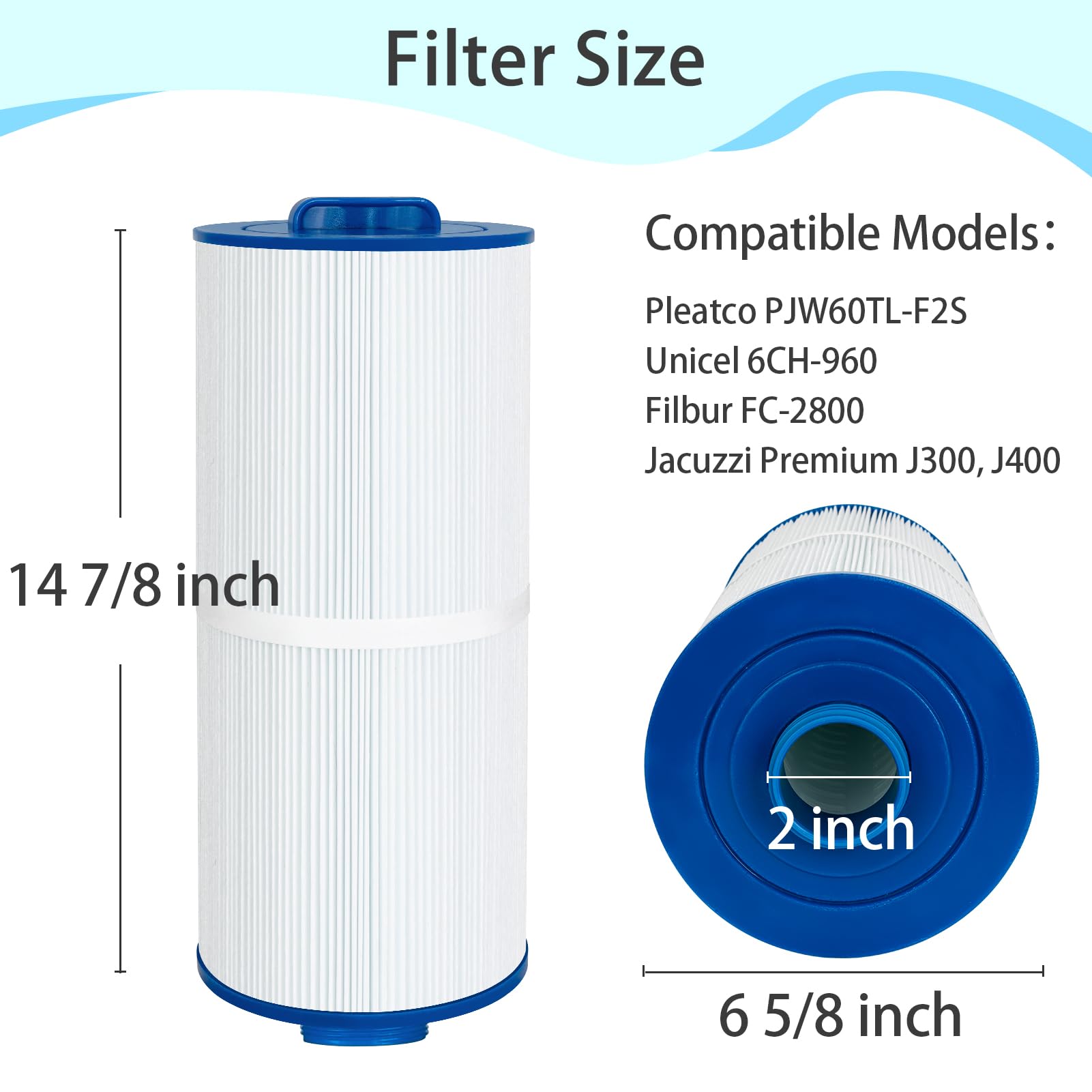 Future Way Hot Tub Filter Replacement for Jacuzzi J-300, J400, 6541-383, Replace Pleatco PJW60TL-F2S, Unicel 6CH-960, Filbur FC-2800, Spa Filter, 60 Sq. Ft, 2 Pack