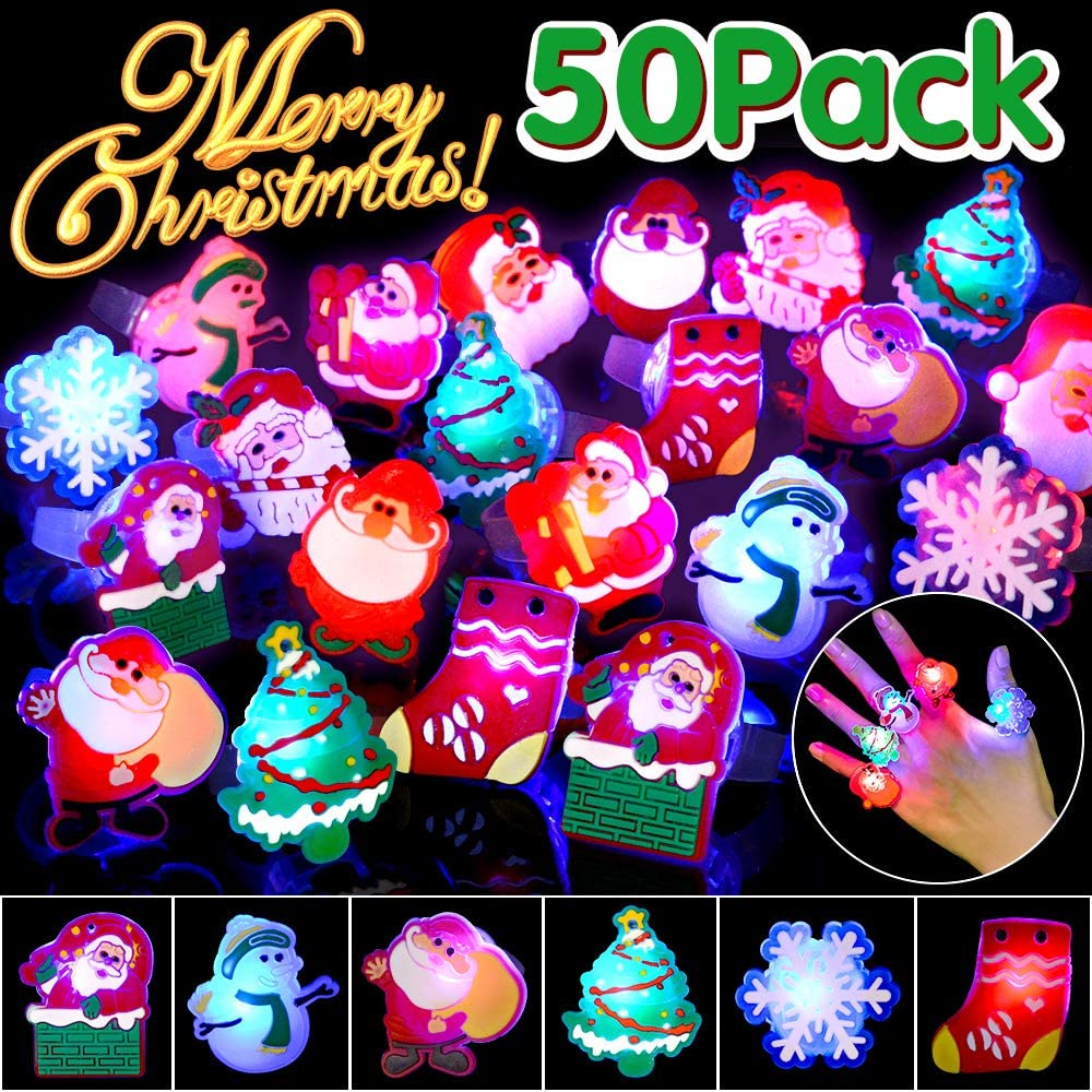NOGBMEX Christmas Party Favors for Kids & Adults - 50pcs LED Light Up Ring Flash Finger Rings - Birthday & Christmas Decorations & Stocking Stuffers