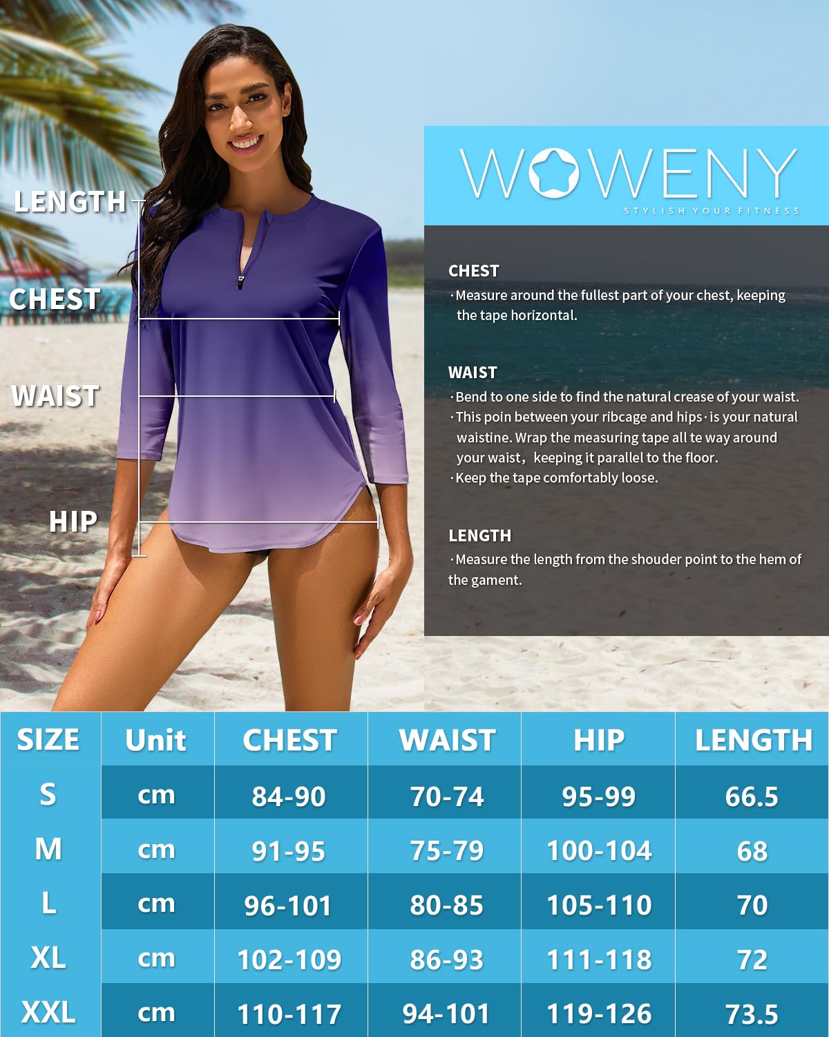 WOWENY Rashguard Anti-UV para Mujer Traje de baño Camiseta de Manga 3/4 con Cremallera de 1/4 Secado rápido Ideal para Surfear en la Playa