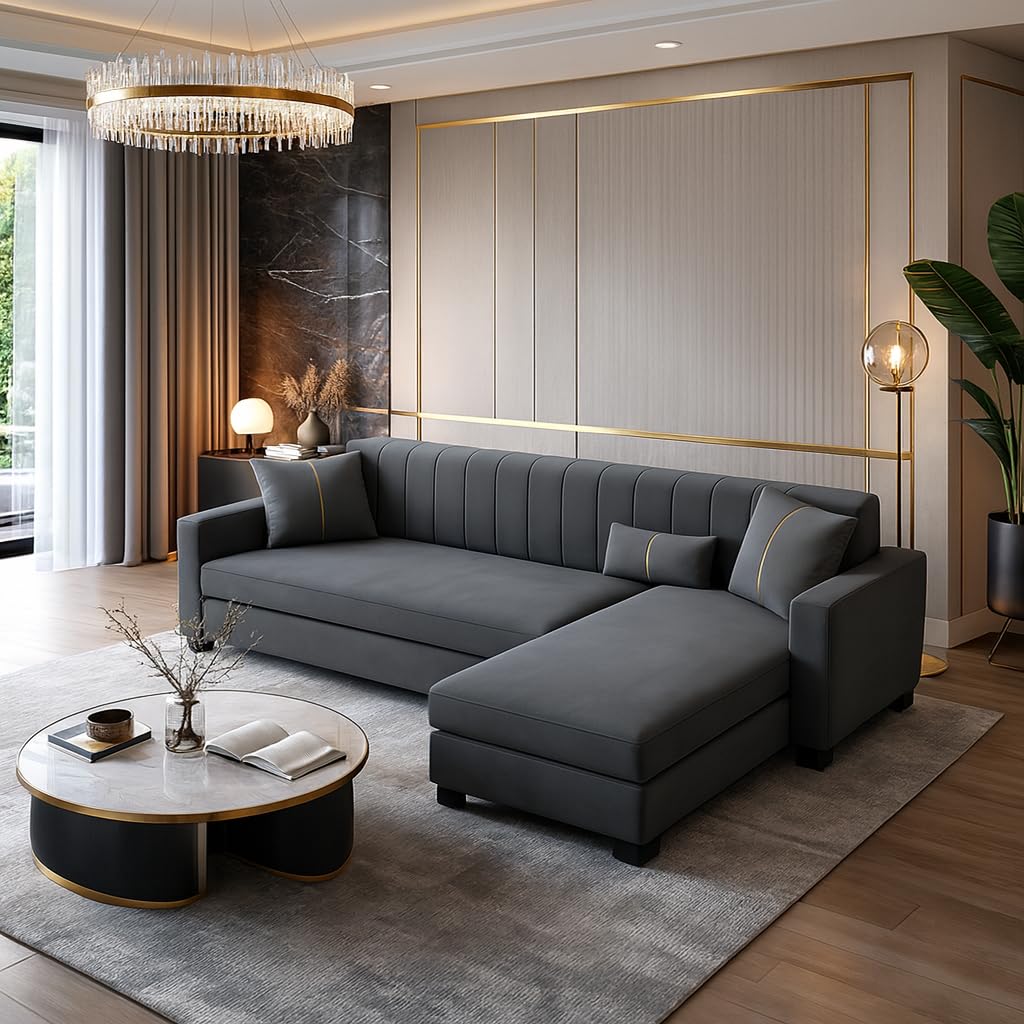 Almeria 4 Seater RHS L Shape Sofa Set | Soft Velvet Suede Fabric | Modern Design | Plush Comfort Cushions for Living Room (Dark Grey) Almeria 4 Seater RHS L Shape Sofa Set | Soft Velvet Suede Fabric | Modern Design | Plush Comfort Cushions for Living Room (Dark Grey)