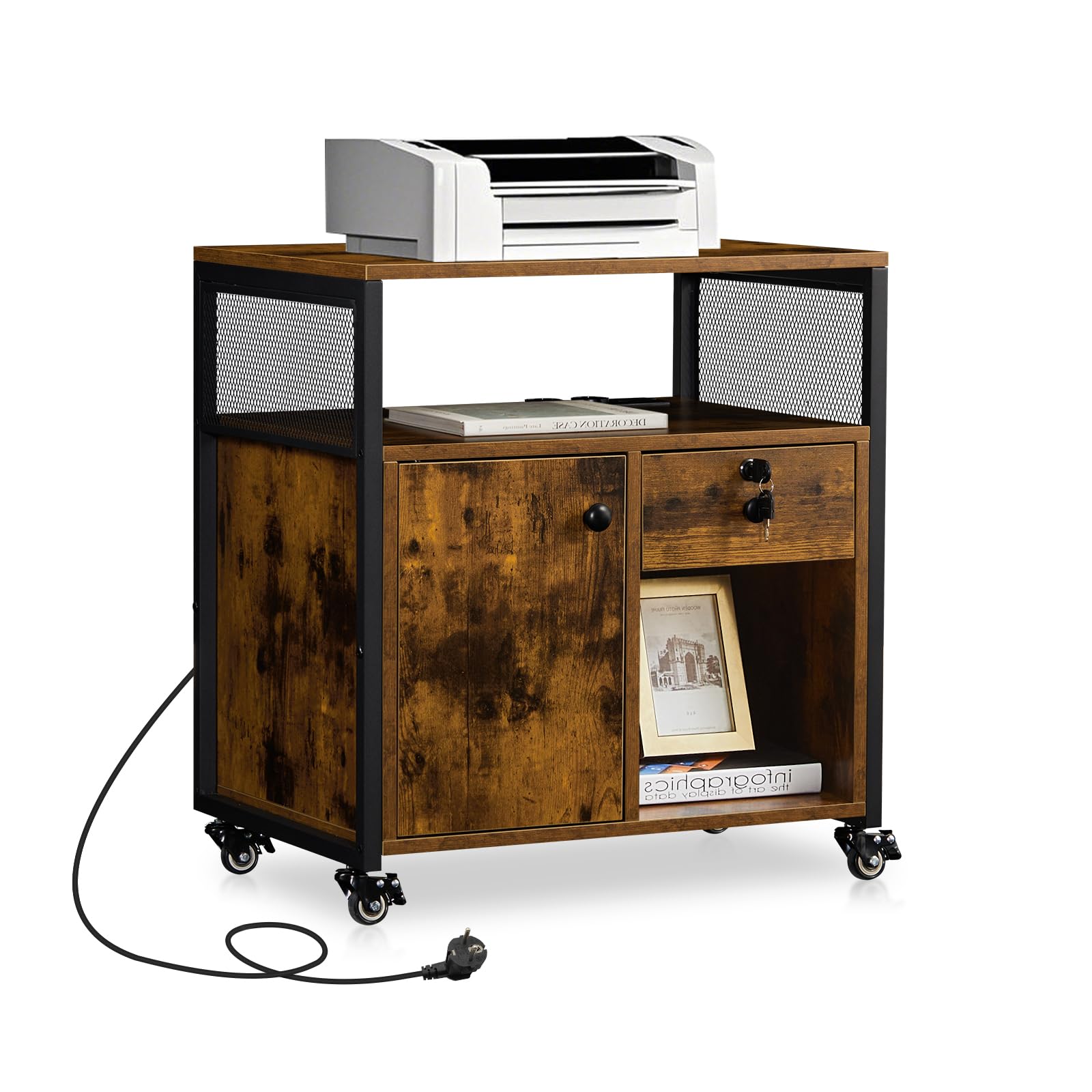 TUKAILAi Caisson de Bureau Rangement avec USB Port, Caisson Imprimante Mobile à Tiroir Verrouillables, Caisson Imprimante Mobile avec roulettes pour Format A4 Style Industriel (Marron Rustique)