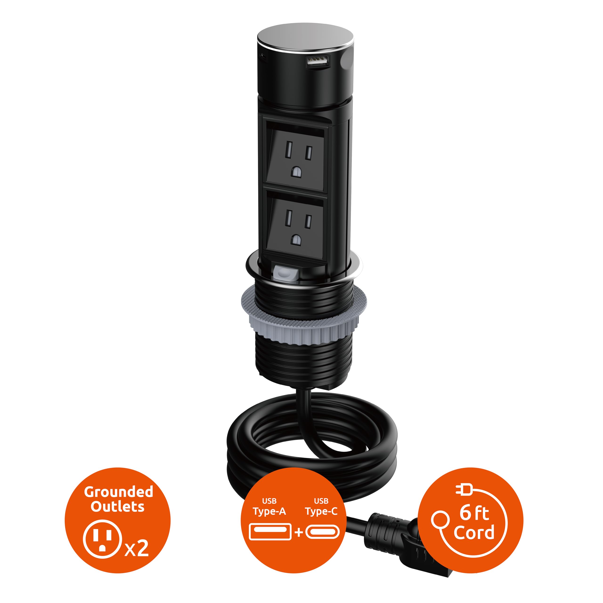 Link2Home Space Saver Pop Up Outlet, 2 Power Outlets, 2 USB Ports A/C 2.4 Amp, Splash Resistant, Overload Protection, Stainless