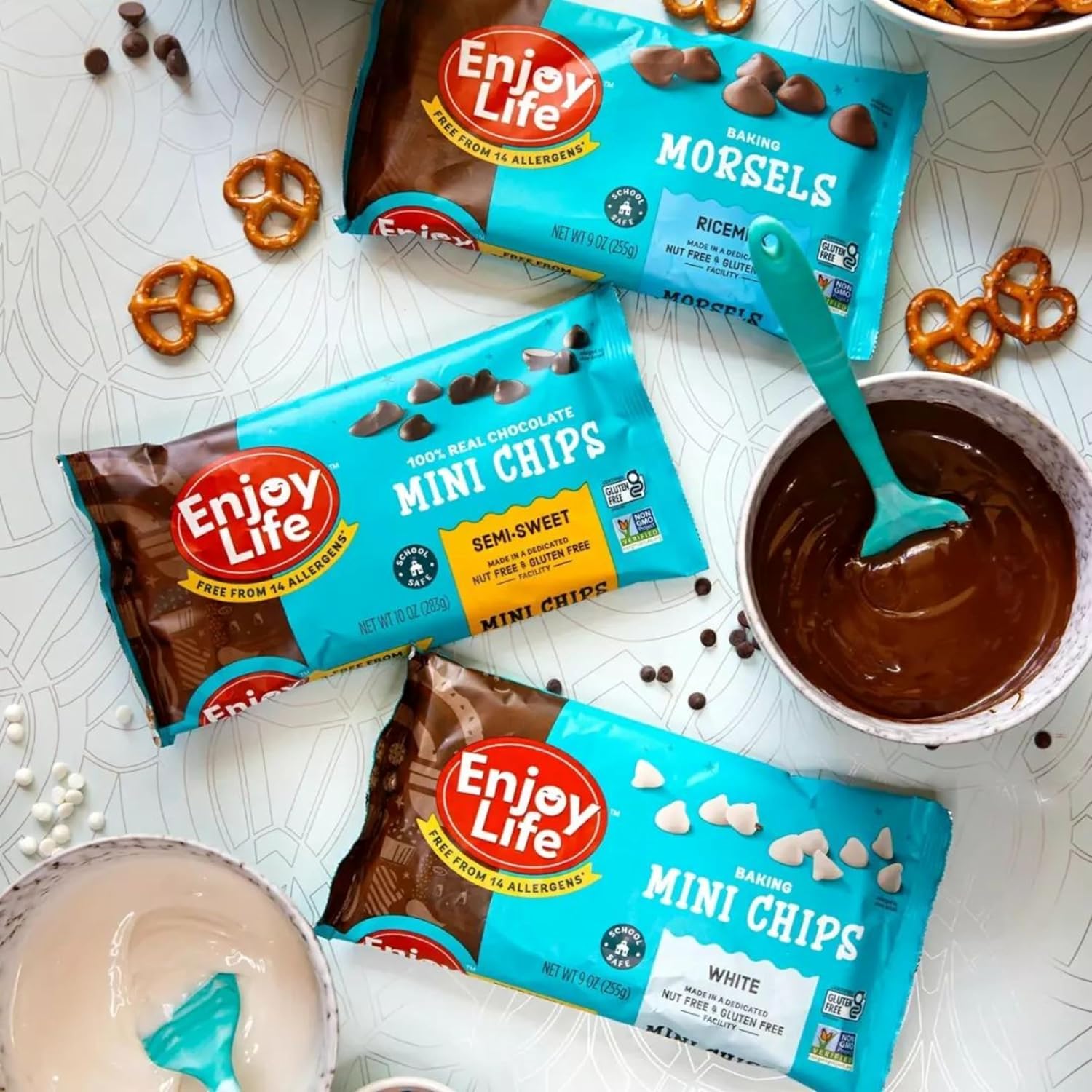 Enjoy Life Ricemilk Baking Morsels, 9 oz Bags (Pack of 3) – Dairy-Free, Nut-Free, Vegan Chocolate-Style Chips for Baking & Snacks