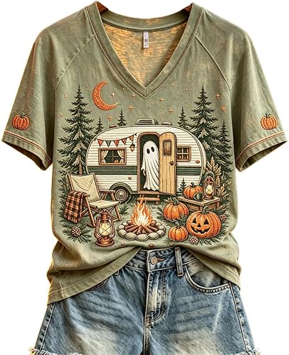 Halloween V Neck Shirts for Women Lightweight Funny Graphic 