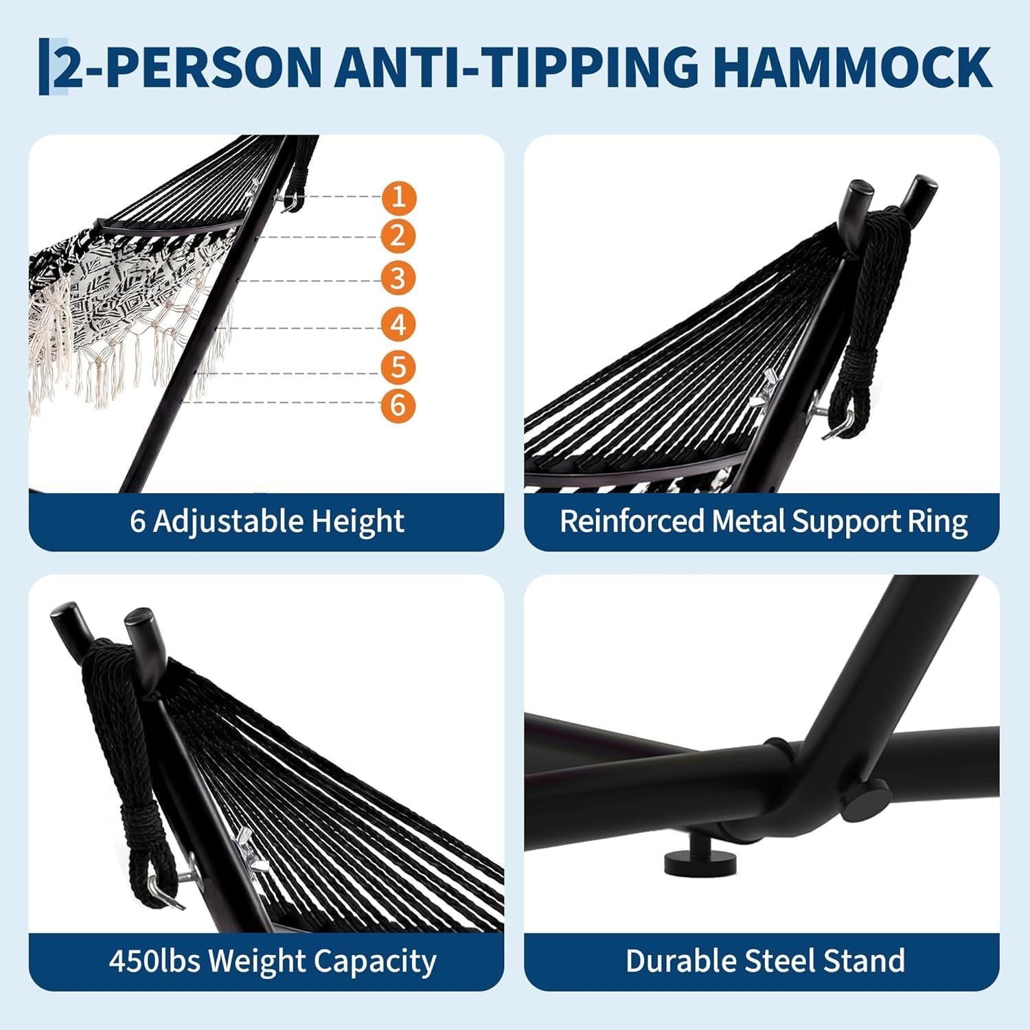 Portable Double Hammock with Stand, 450 lb Capacity Heavy Duty 2-Person Hammock Bed with Decorative Lace, Large Comfortable Outdoor Hammock for Patio, Backyard, Poolside, Easy Tool-Free Assembly