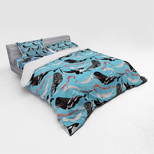 Miniatura 6 de Ambesonne Narwhal Bedding Set, Arctic Giant Sea Mammals Orca White Whale Narwhal Sketch Ocean Fauna, 4 Piece Duvet Cover Set with Shams and Fitted