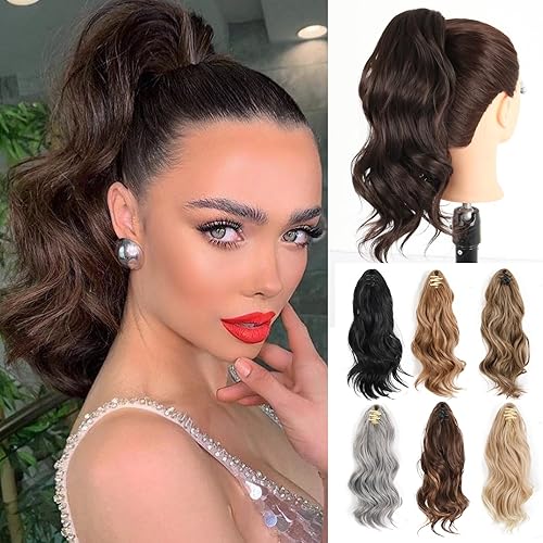 LEOSA Extensión de cola de caballo marrón de 14 pulgadas, pinza de cuerpo, corta, gruesa, ondulada, rizada, con clip, colas de caballo falsas, pelo