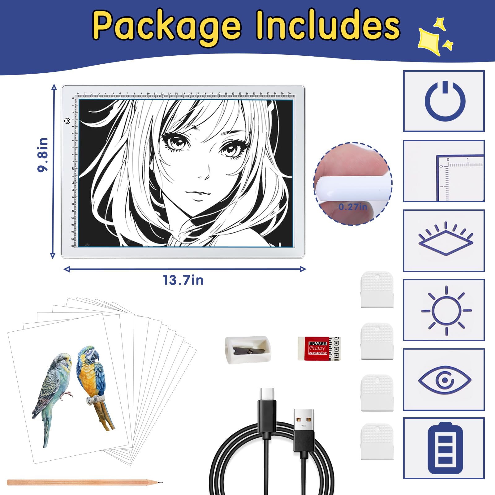 KEIWRLIGHT Tableau lumineux A4 pour bloc de traçage – Table lumineuse fine branchée à luminosité réglable – Tablette lumineuse A4 pour peinture diamant, croquis, tatouage, accessoires d'art pour