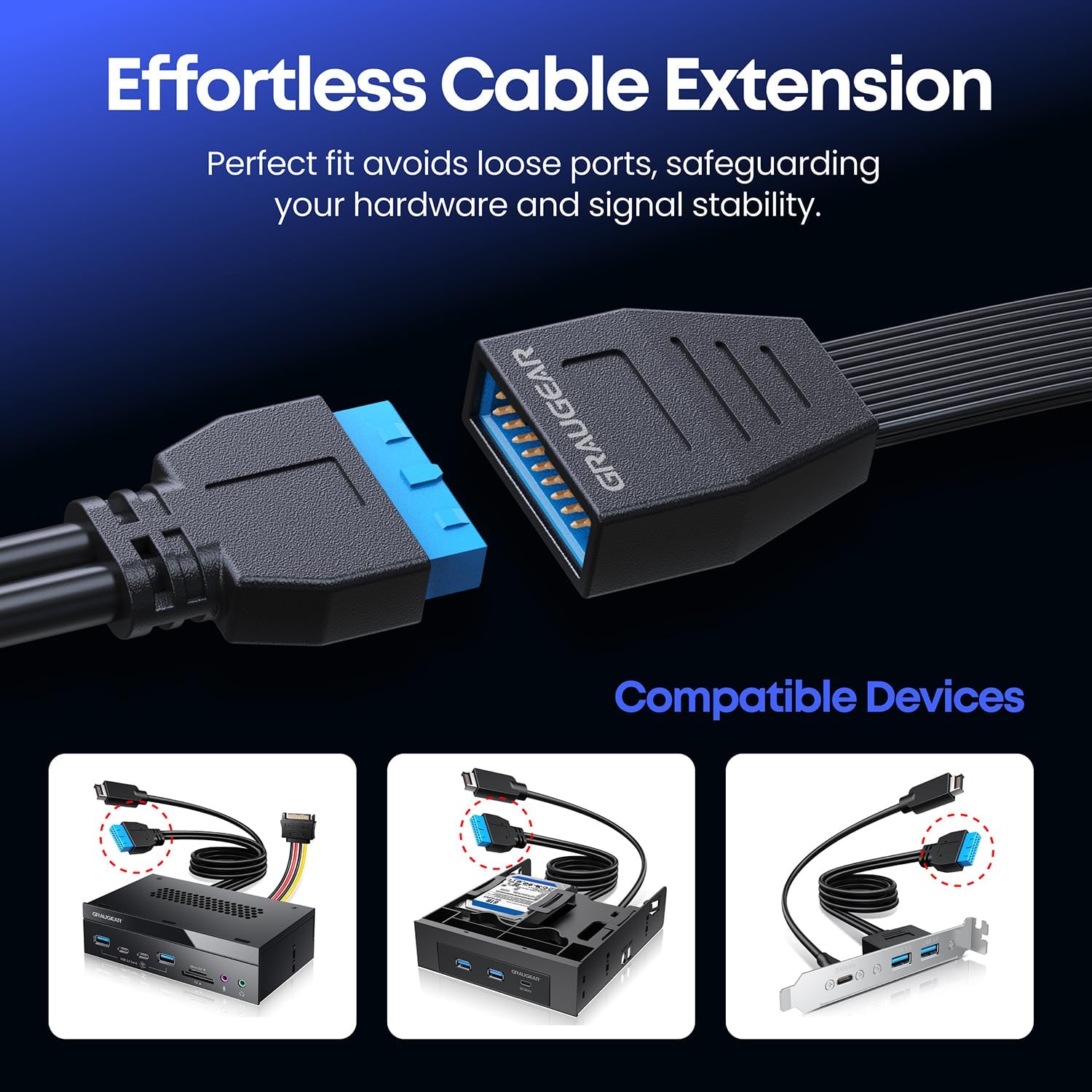 GRAUGEAR 2 Pack 19-pin USB Header Extension Cable, Motherboard 19/20 Pin USB 3.0 Internal Male to Female Adapter, Low Profile Flat Ribbon Wire, Prevents GPU from Blocking the Port