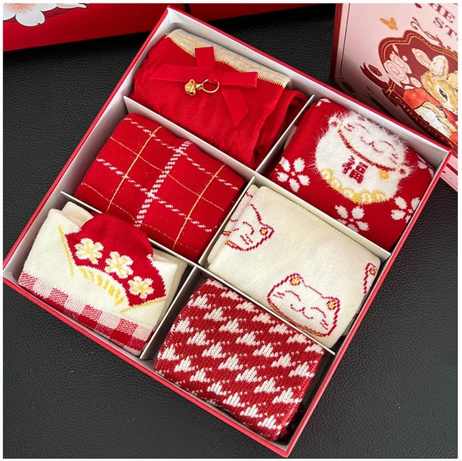 New Year's Red Lucky Socks, Rabbit Embroidered Chinese Zodiac Girl Socks, Chinese Lunar New Year Best Gift, 6 Pairs